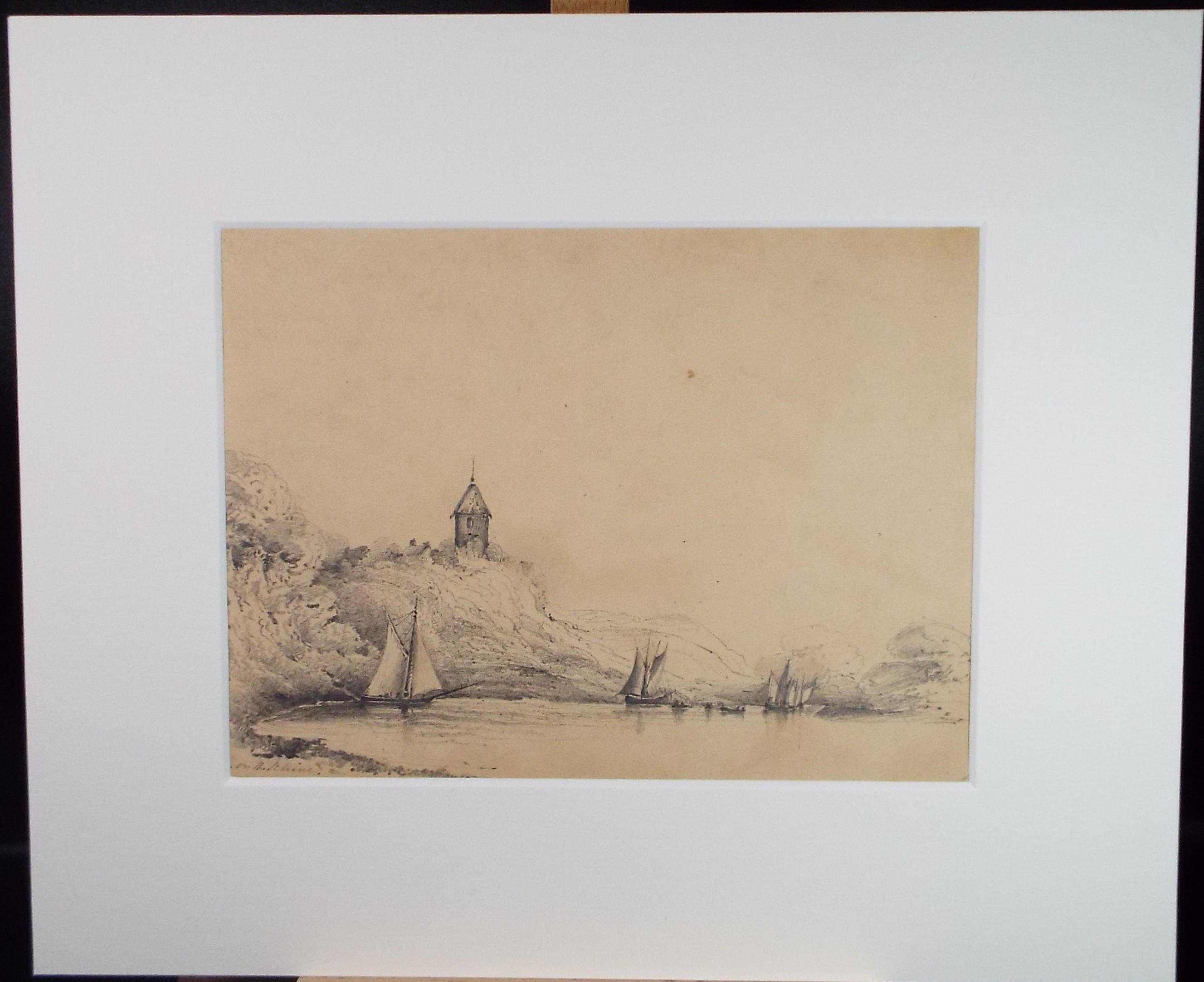 Pencil Drawing,'On the Rhein', Mid 19th Century, Unknown Artist