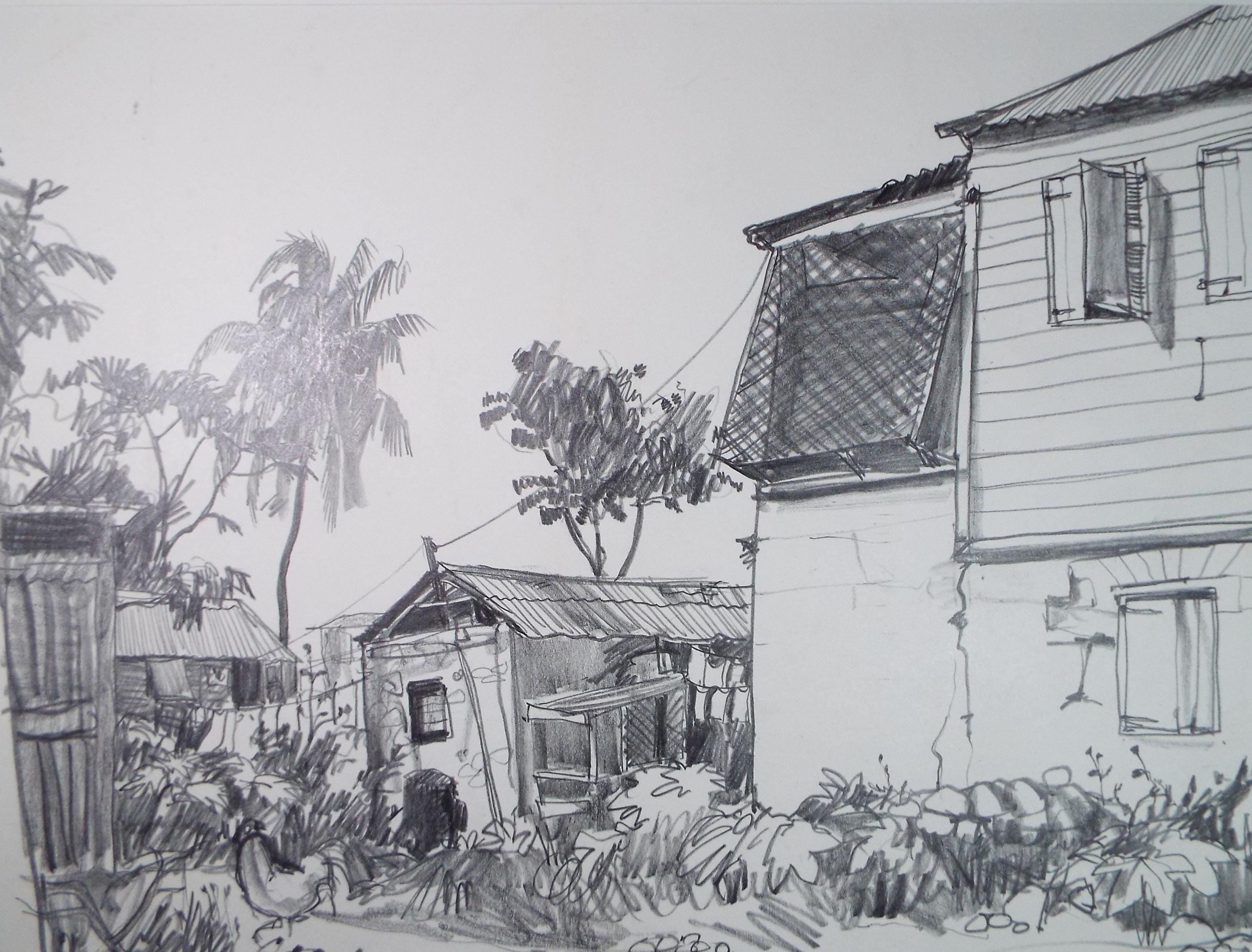 Original Pencil Drawing, Circa 1972, 'Village, Montserrat', Pamela Lander