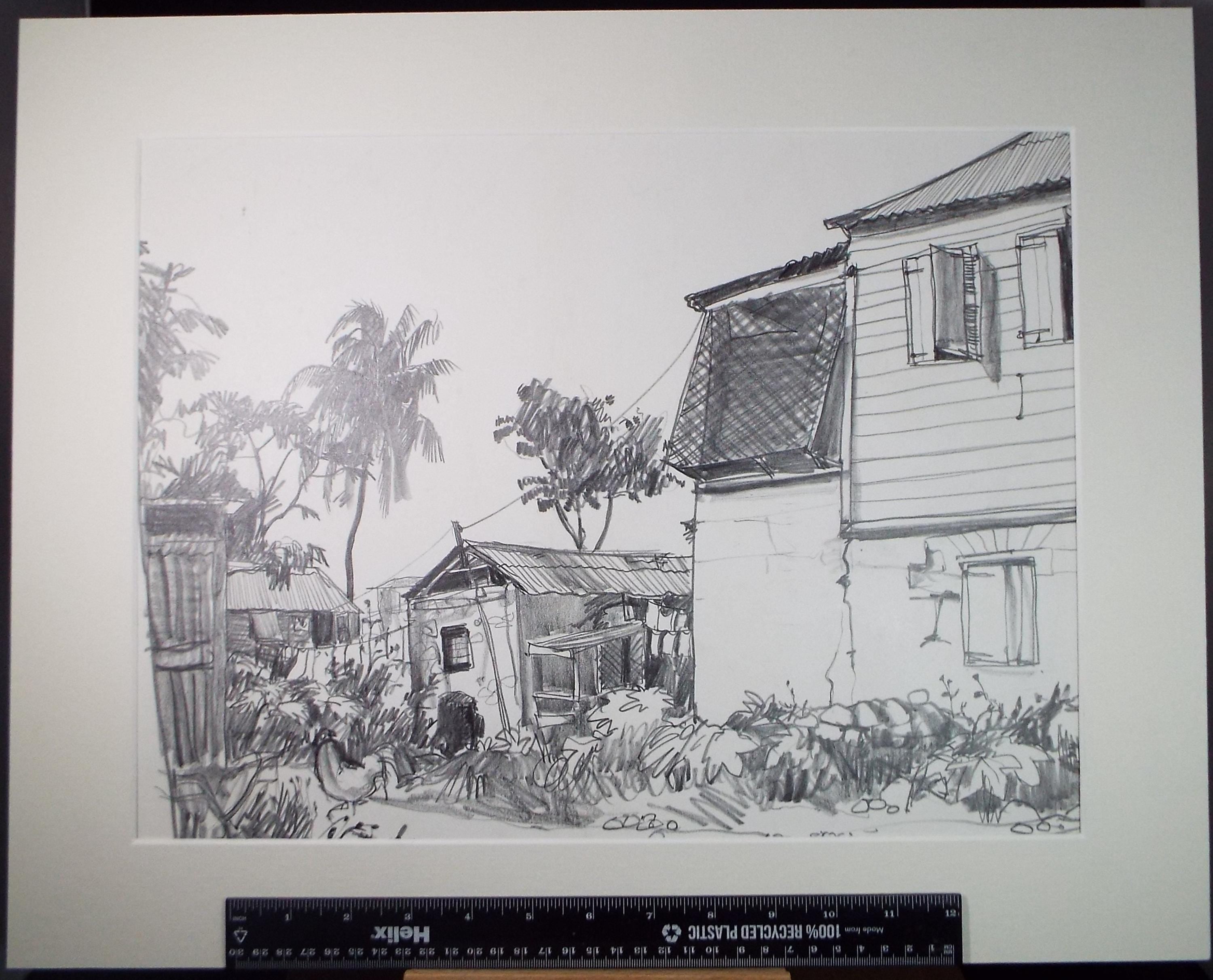 Original Pencil Drawing, Circa 1972, 'Village, Montserrat', Pamela Lander