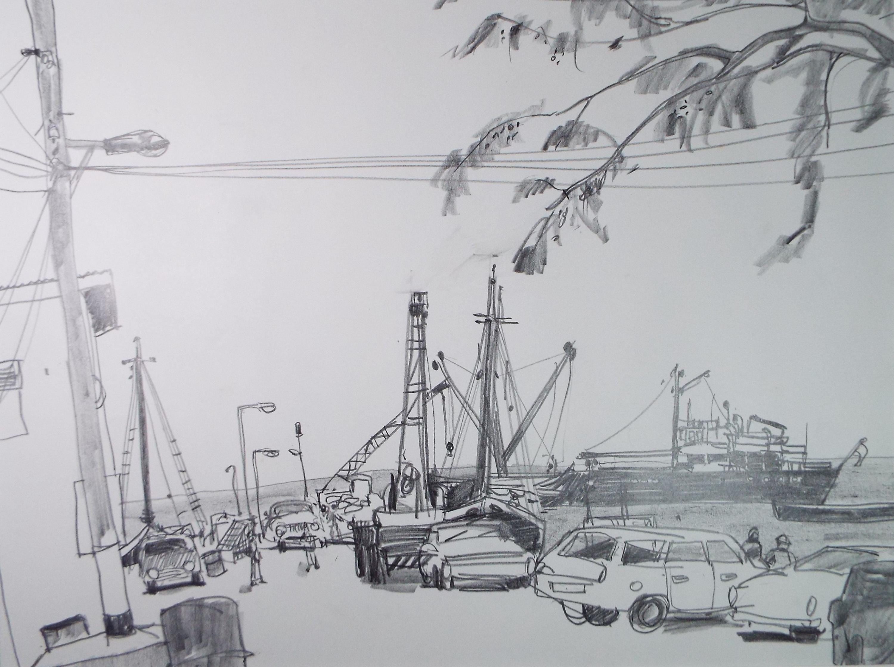Original Pencil Drawing, Circa 1972, 'Quayside, Montserrat', Pamela Lander