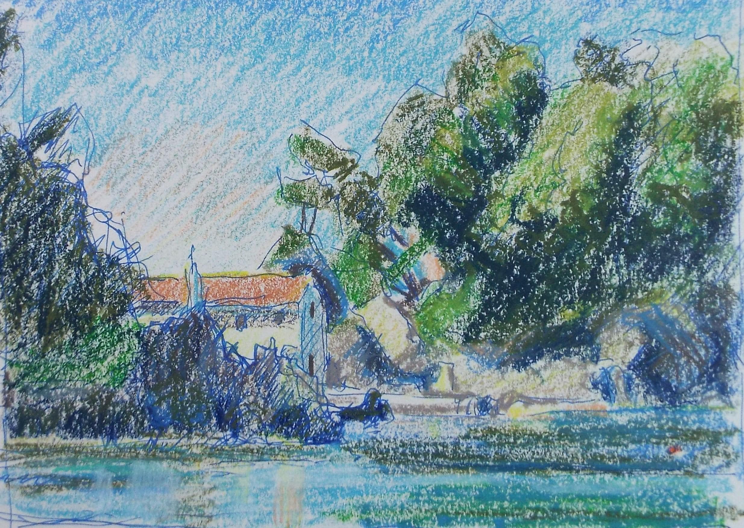 Original pastel drawing, 'Landscape with farmhouse', Circa 1990's, Pauline Plummer (b1933)