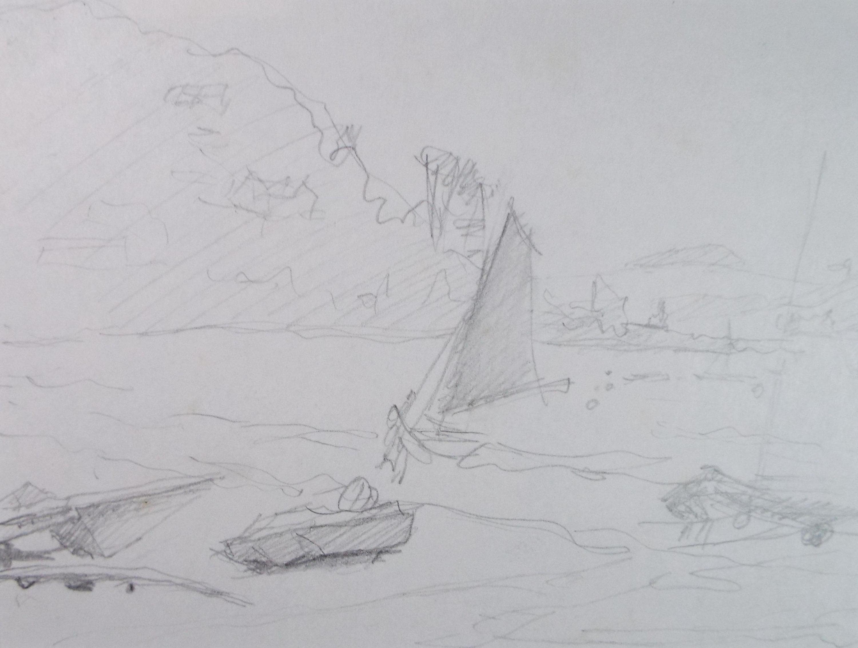 Original Pencil Sketch, 'coast with sailing dinghys', Pauline plummer (b1933)