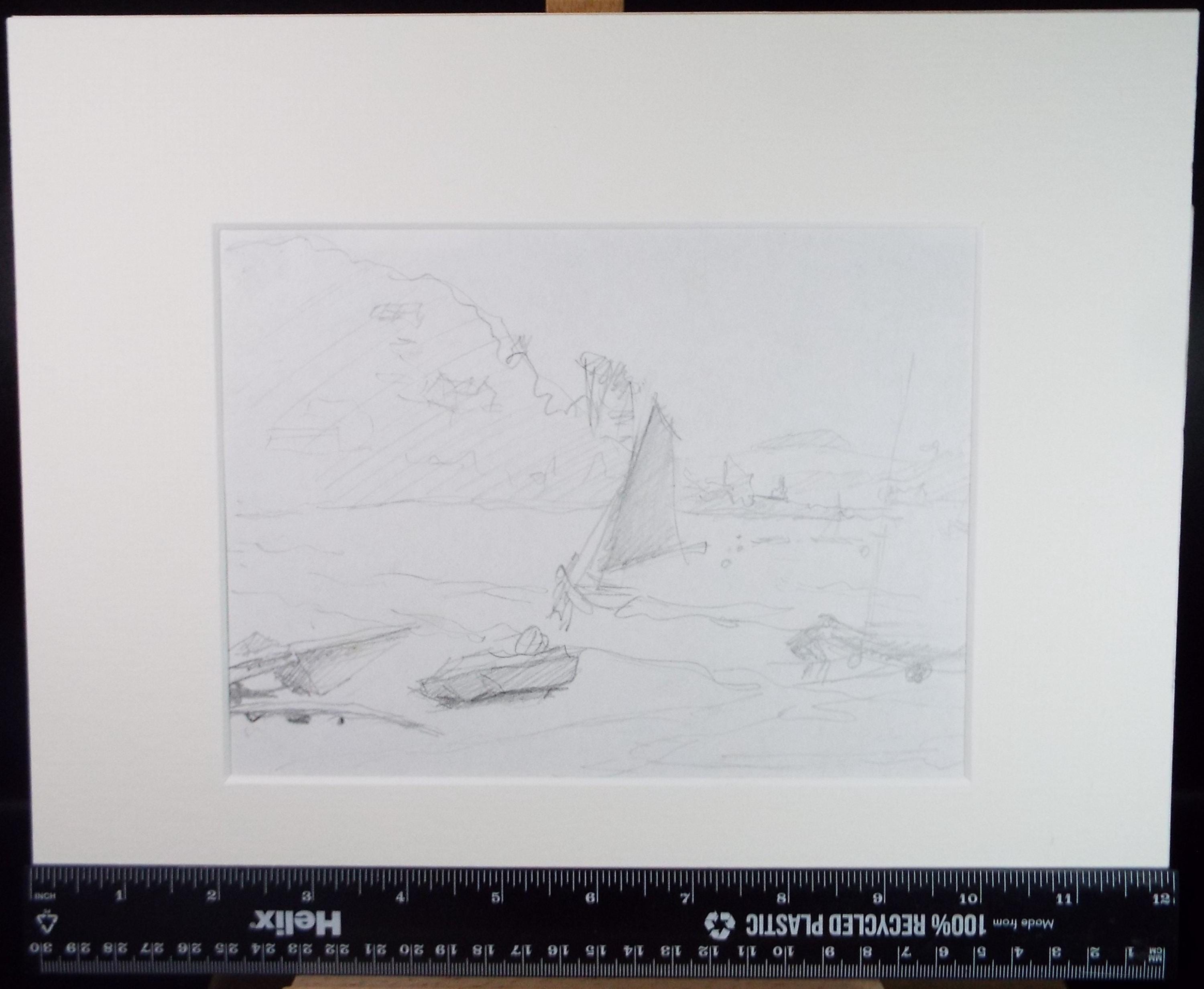 Original Pencil Sketch, 'coast with sailing dinghys', Pauline plummer (b1933)
