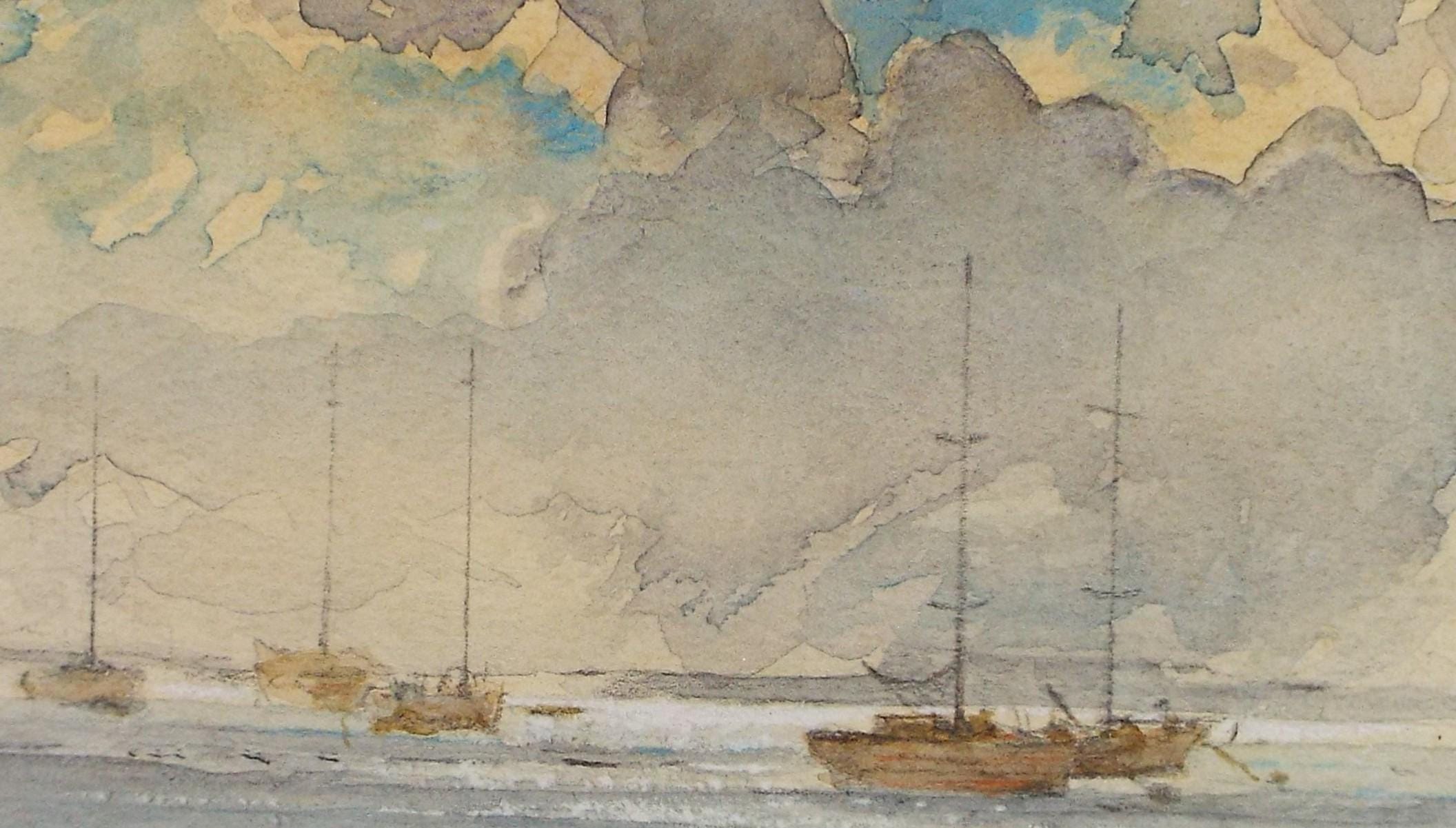 Original Watercolour, 'Moored boats under a stormy sky', Dated 1985, H F Hart