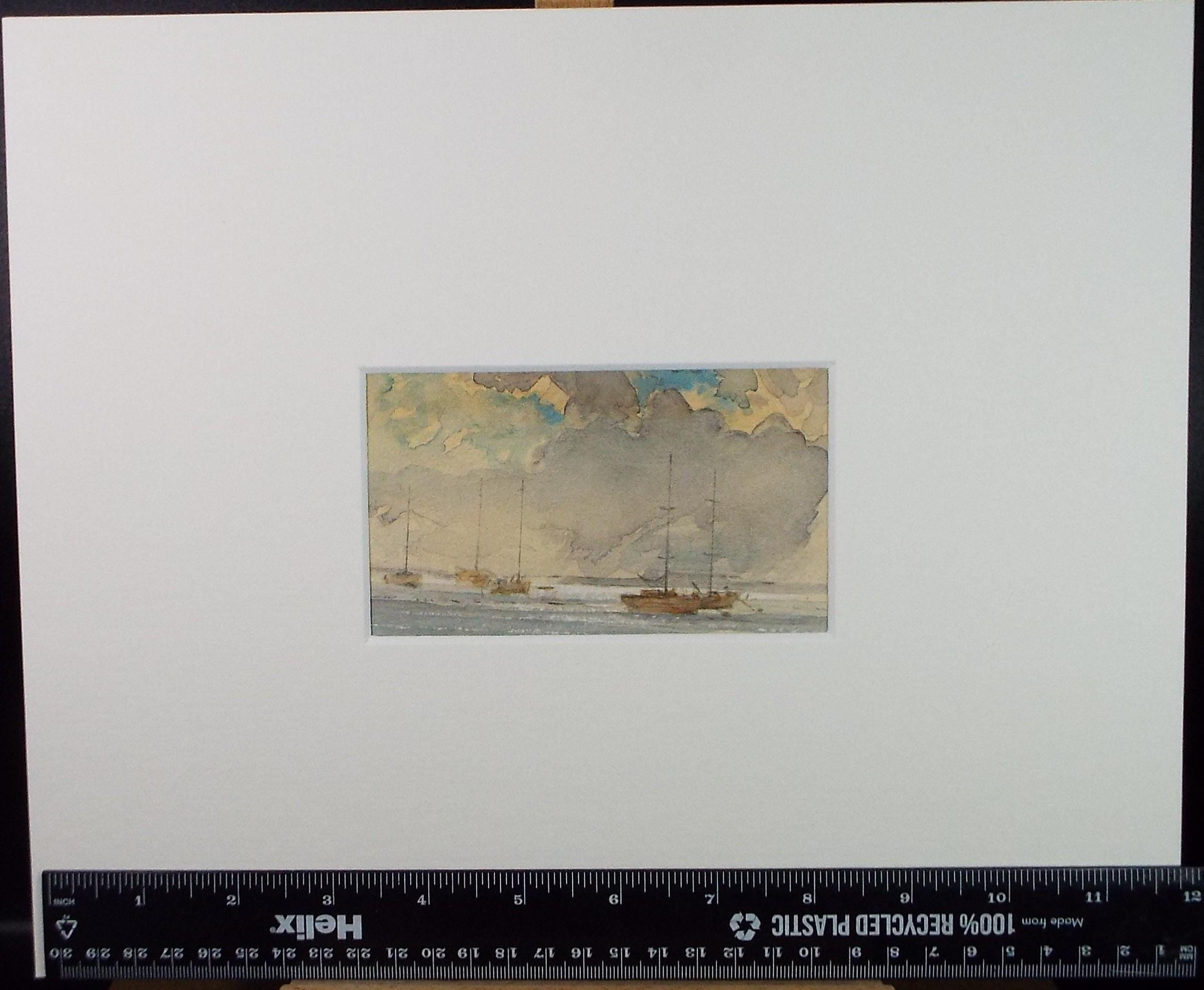 Original Watercolour, 'Moored boats under a stormy sky', Dated 1985, H F Hart