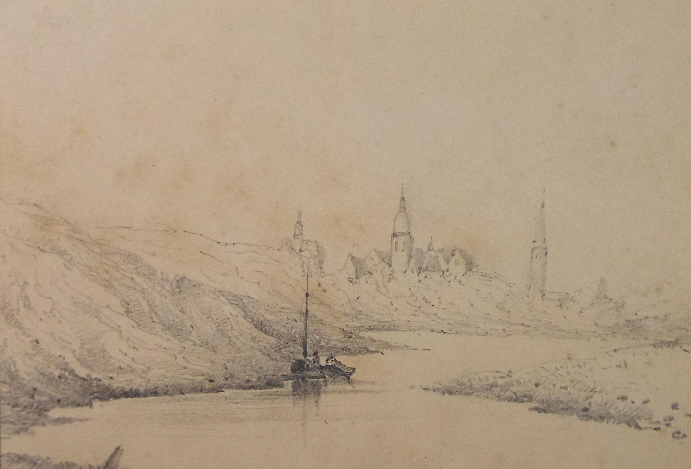 Pencil Drawing,'On the Rhine', Mid 19th Century, Unknown Artist