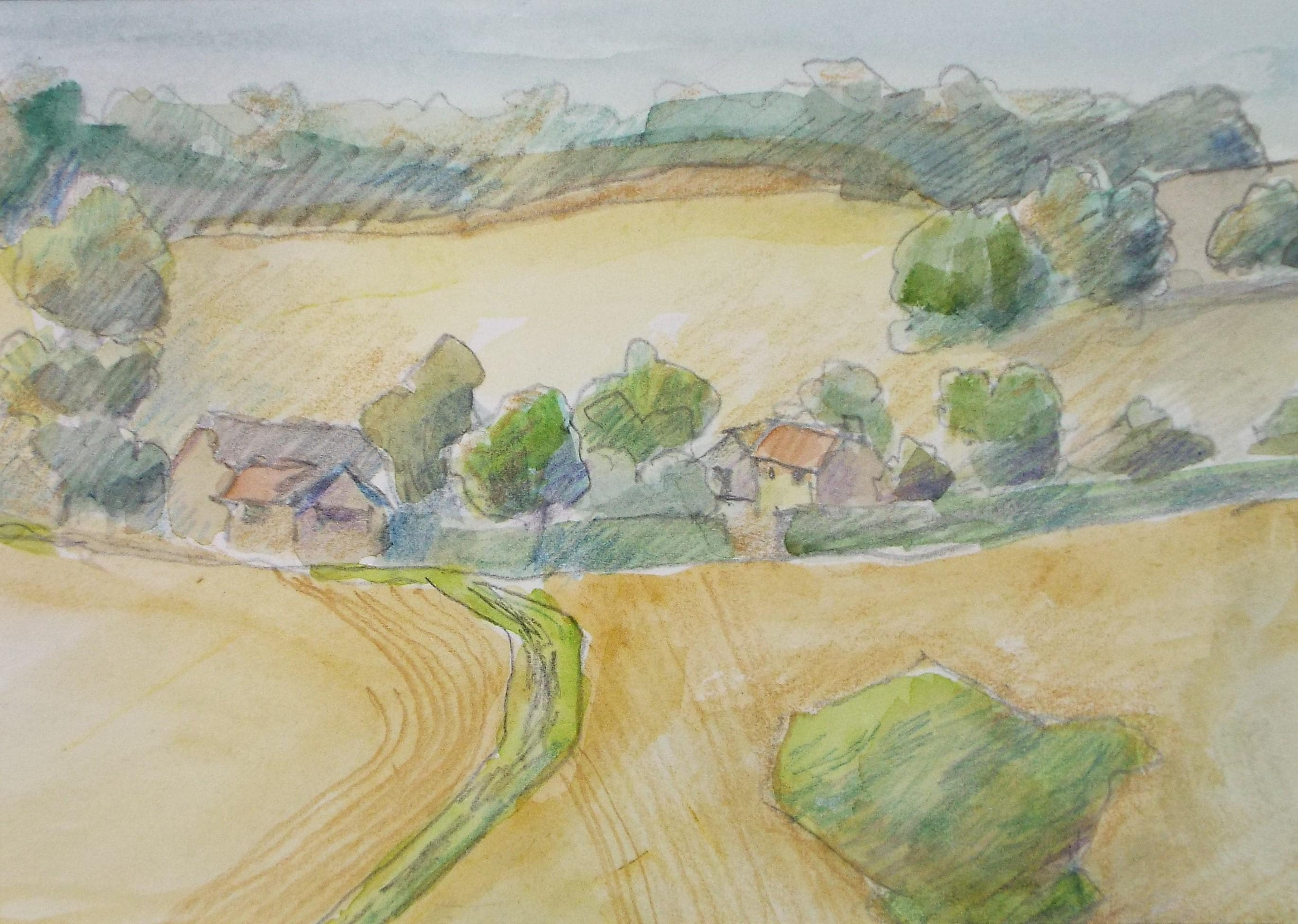 Original Watercolour, 'Summer Fields', Artist Unknown, circa 1990's