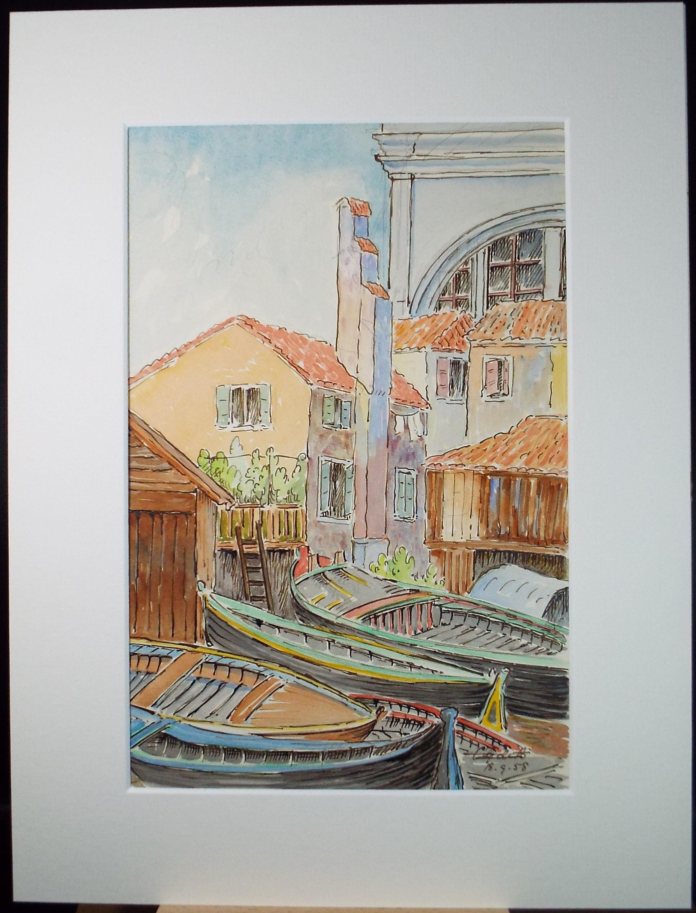 Original Watercolour & ink, 'Italian Streetscape', Cicely Glyn de Beers (1891-1973), Dated 1958