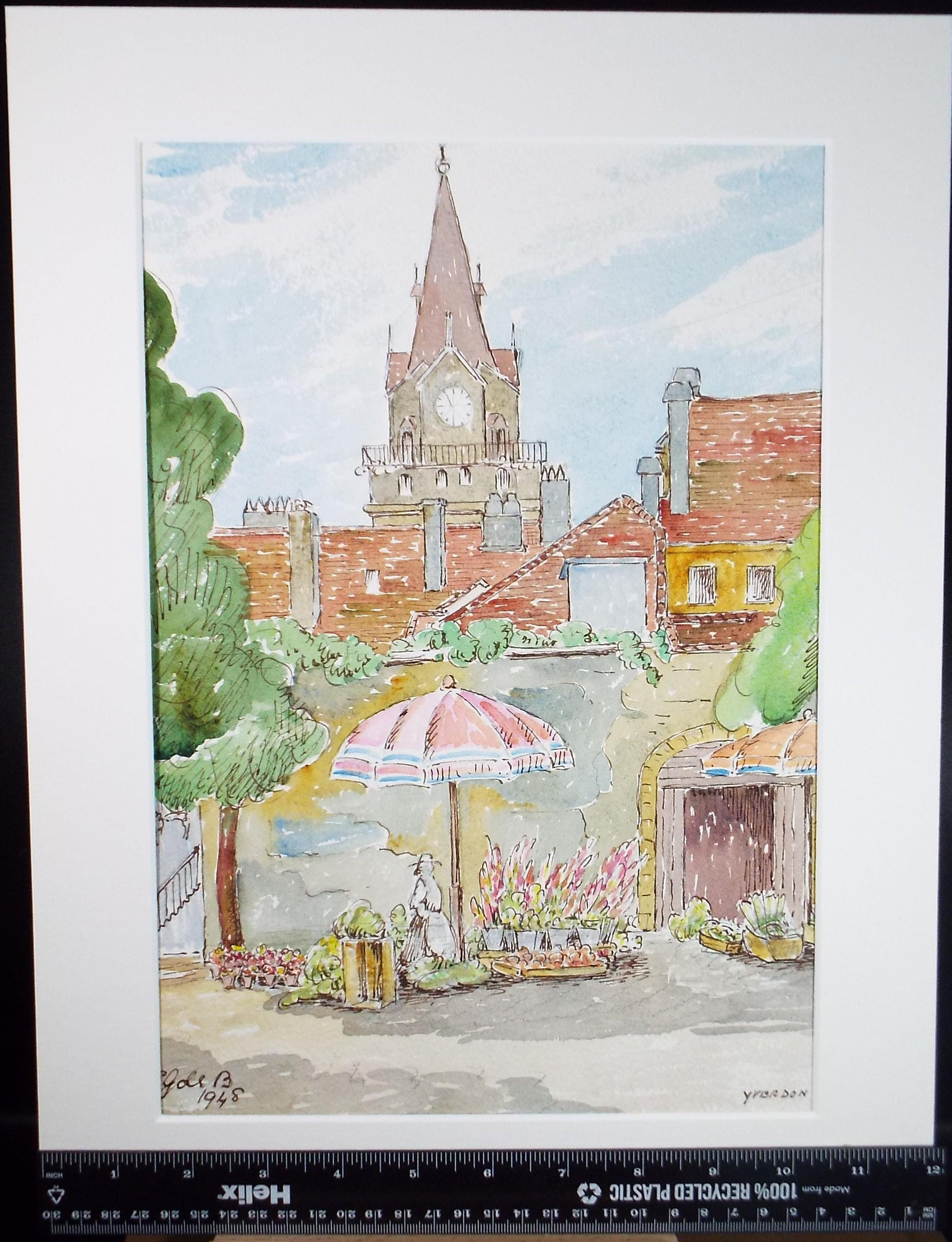 Original Watercolour & Ink , 'Yverdon-les-Bains', Cicely Glyn de Beers (1891-1973), Dated 1948