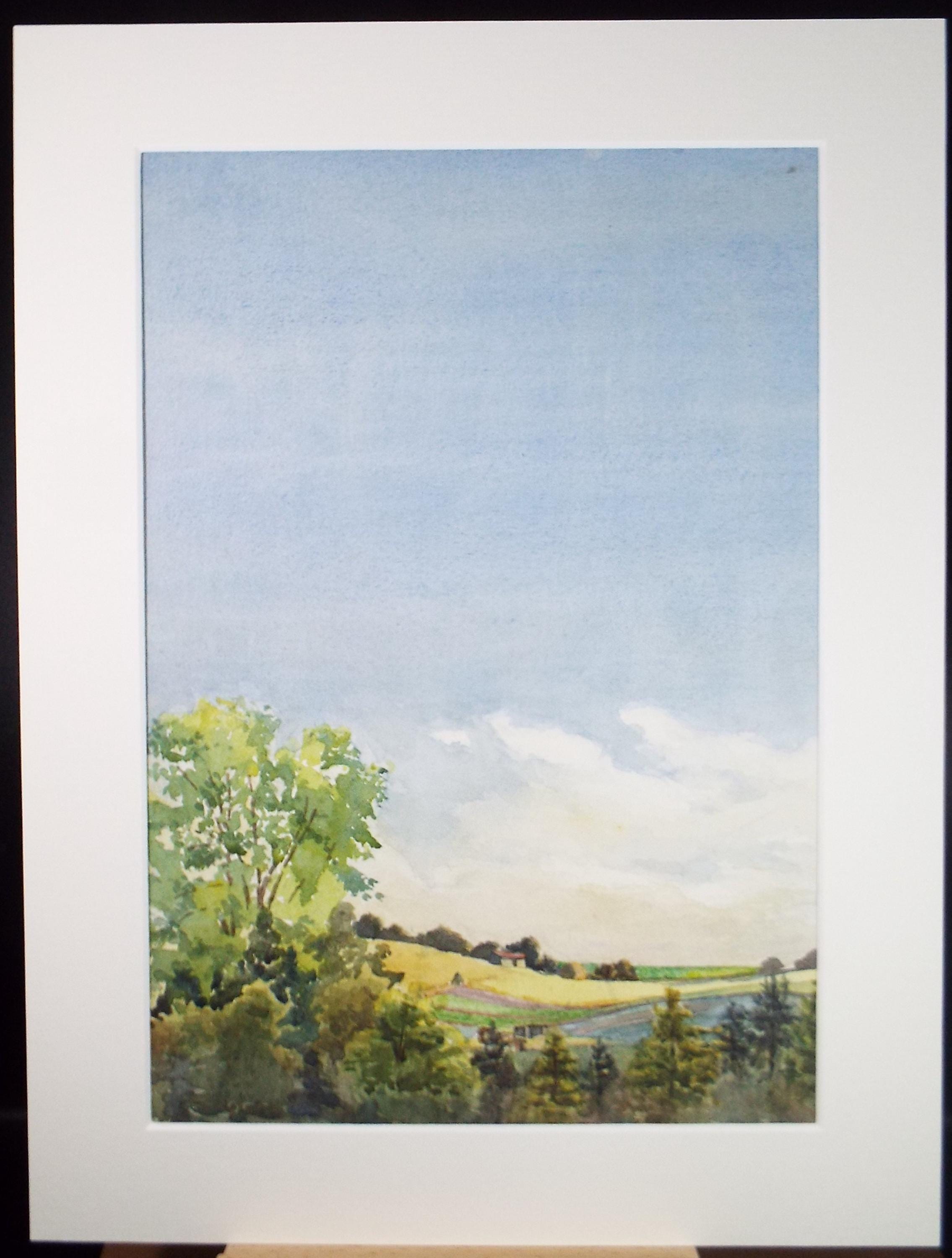 Original Watercolour, 'Blue sky above a Landscape', Circa 1950's, Unknown Artist
