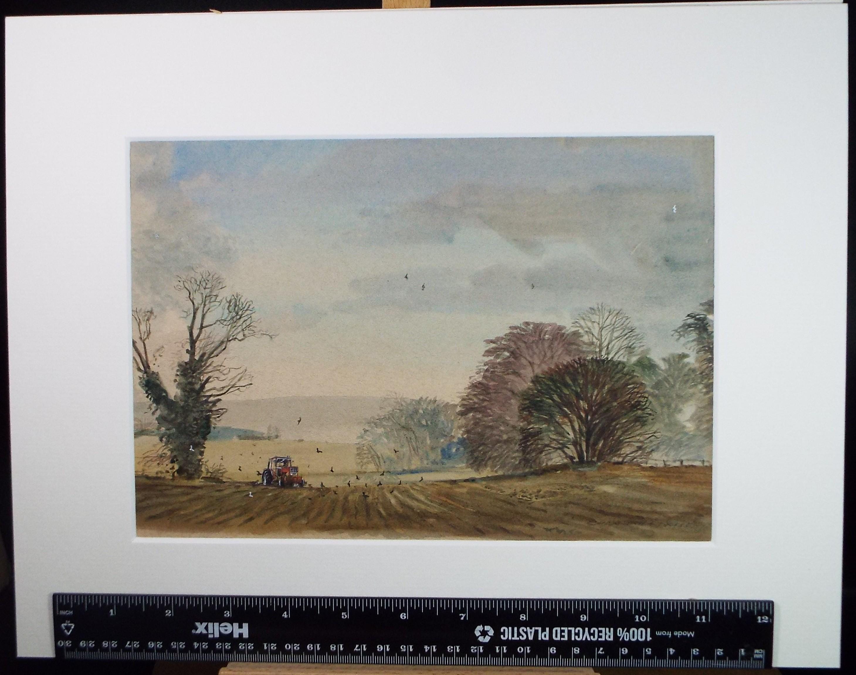 Original Watercolour, 'Autumn ploughing' - Unknown Artist, 1970's