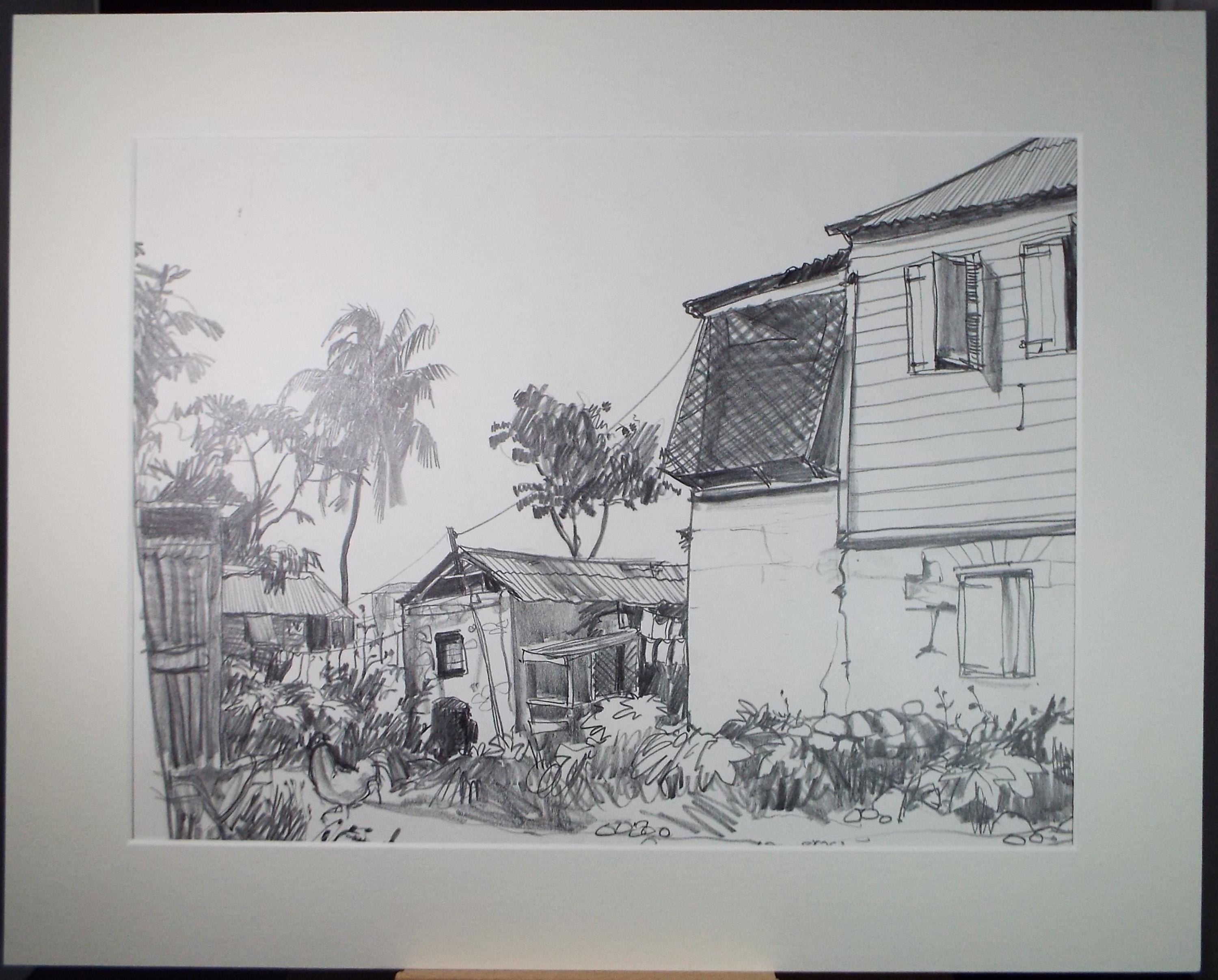 Original Pencil Drawing, Circa 1972, 'Village, Montserrat', Pamela Lander