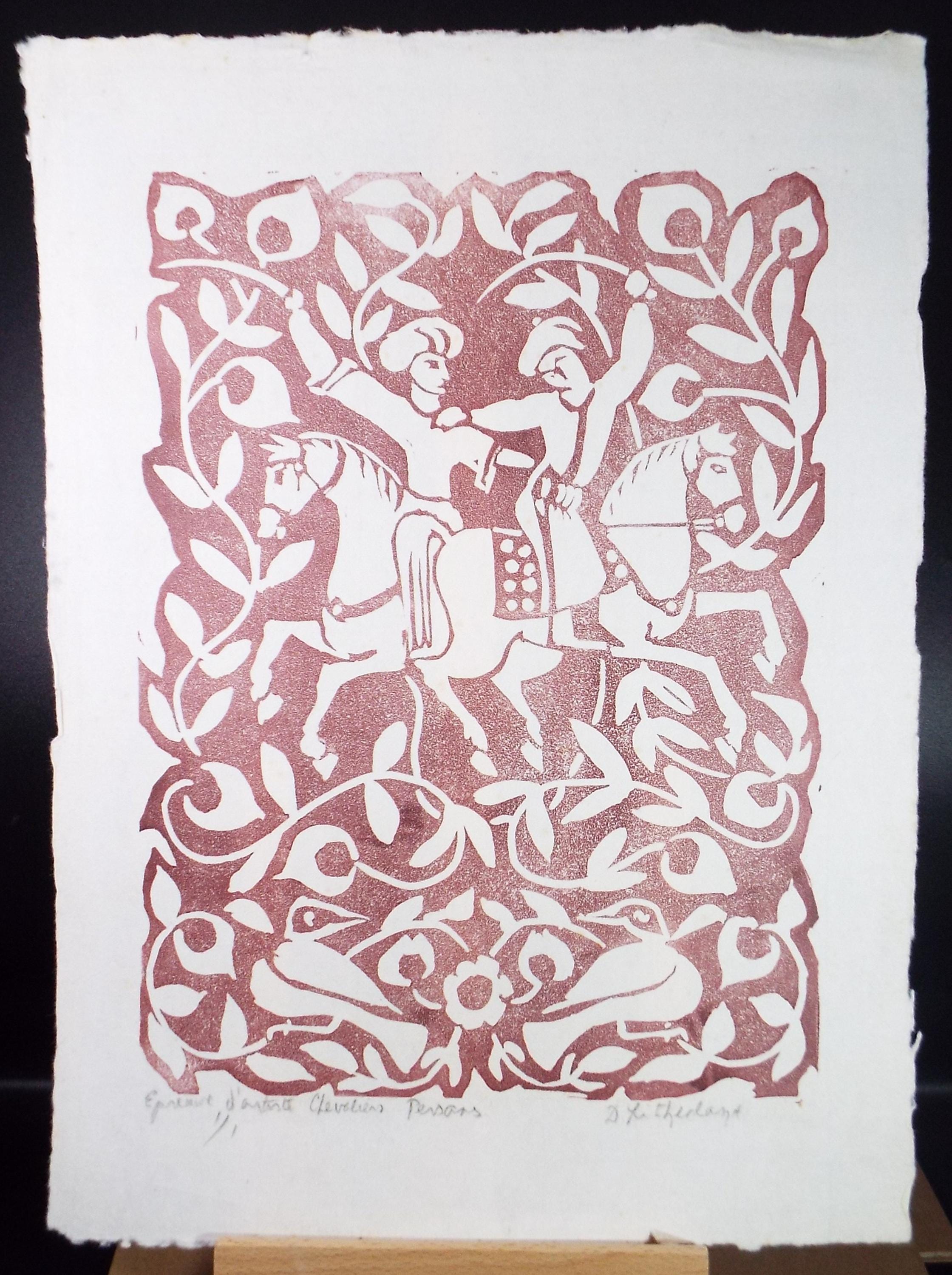 Limited Edition Linocut, 'Chevalier Persans, Dorothy Litherland, signed and numbered