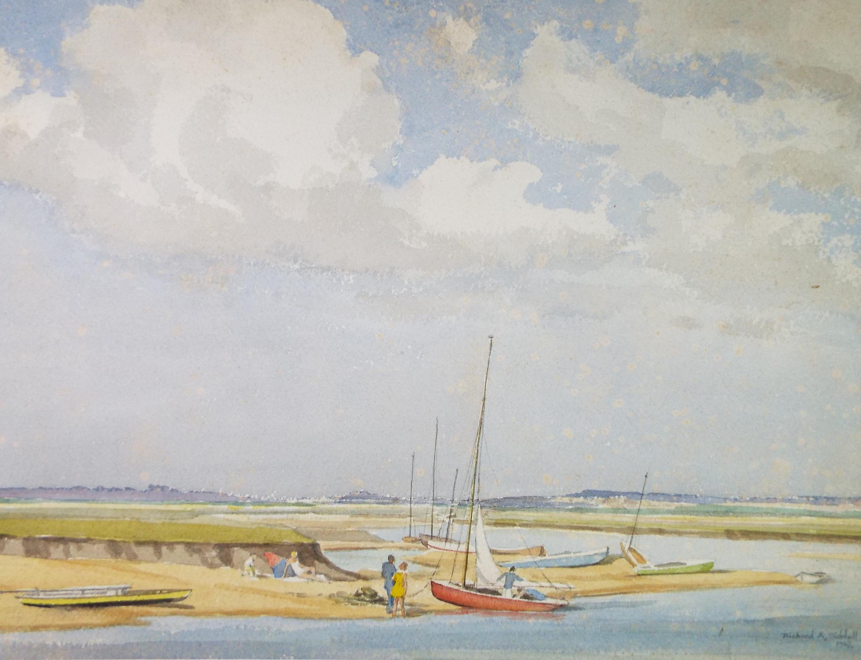 Original Watercolour, 'Sailing Dinghys on the shore', Dated 1957, Richard A Siddal