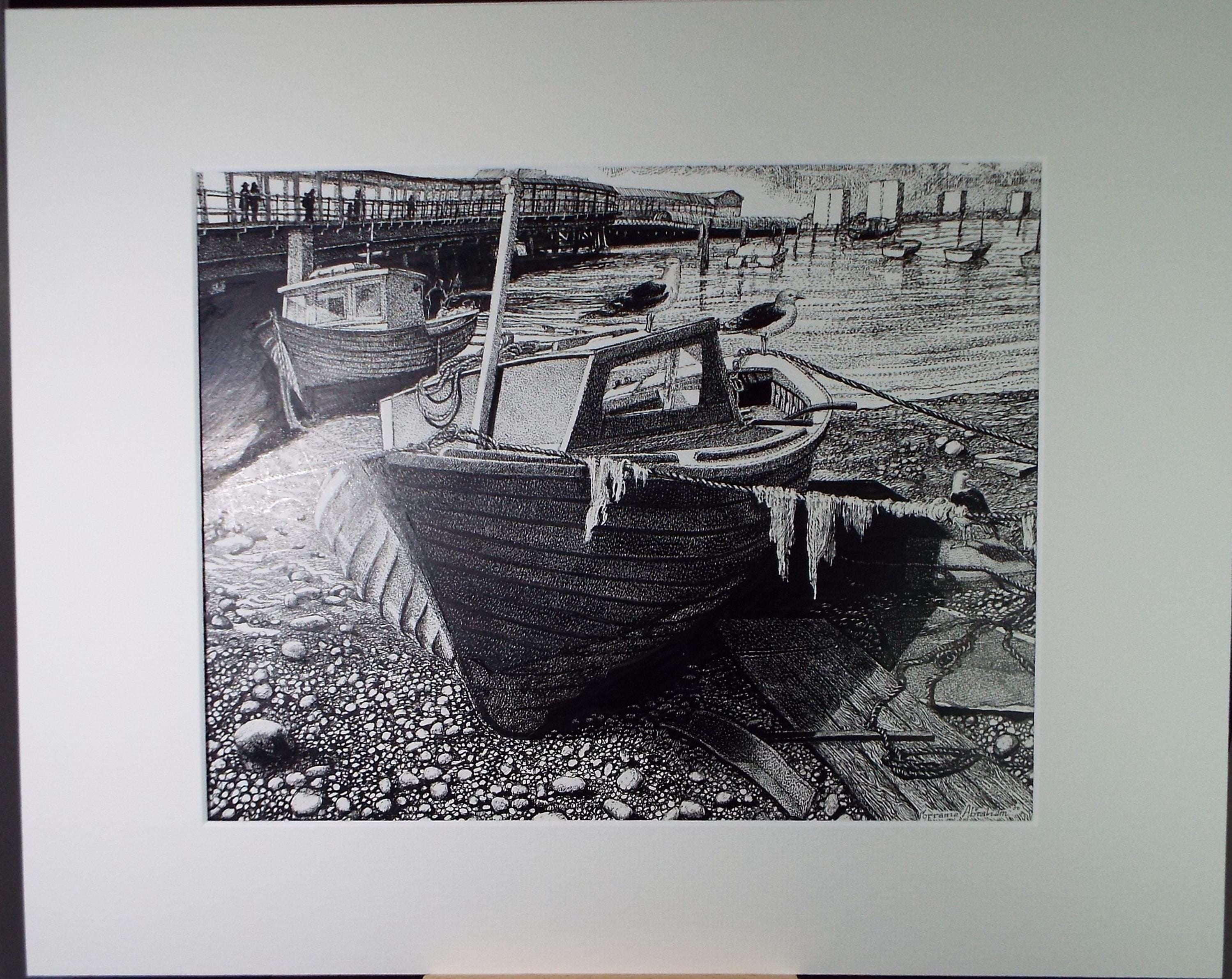 Original Scraperboard & Ink drawing, 'Fishing Boats on the Shore', Lorraine Abraham RSMA (1941-2023), Dated 2000