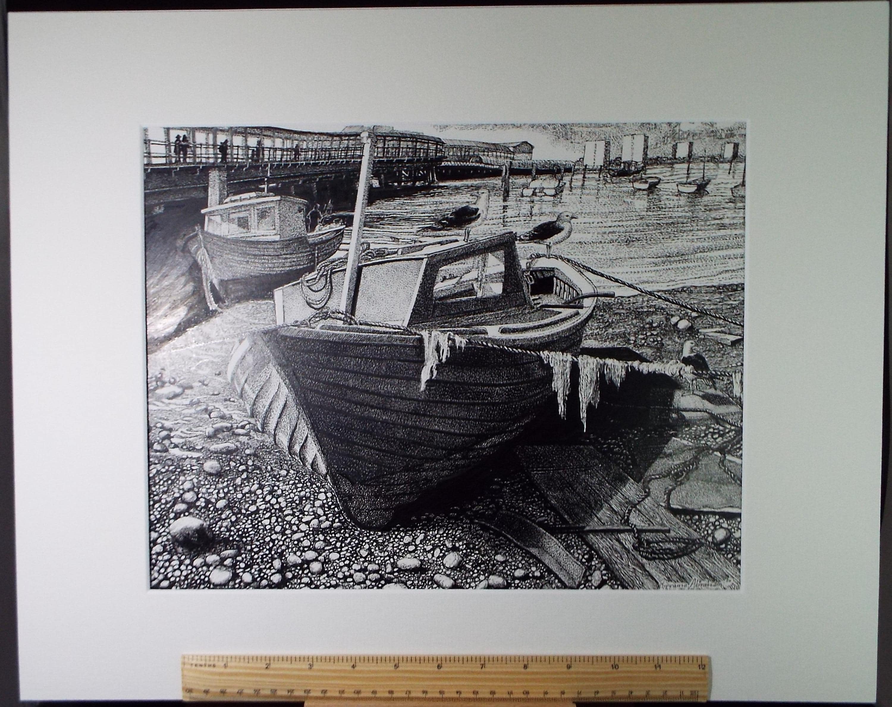 Original Scraperboard & Ink drawing, 'Fishing Boats on the Shore', Lorraine Abraham RSMA (1941-2023), Dated 2000