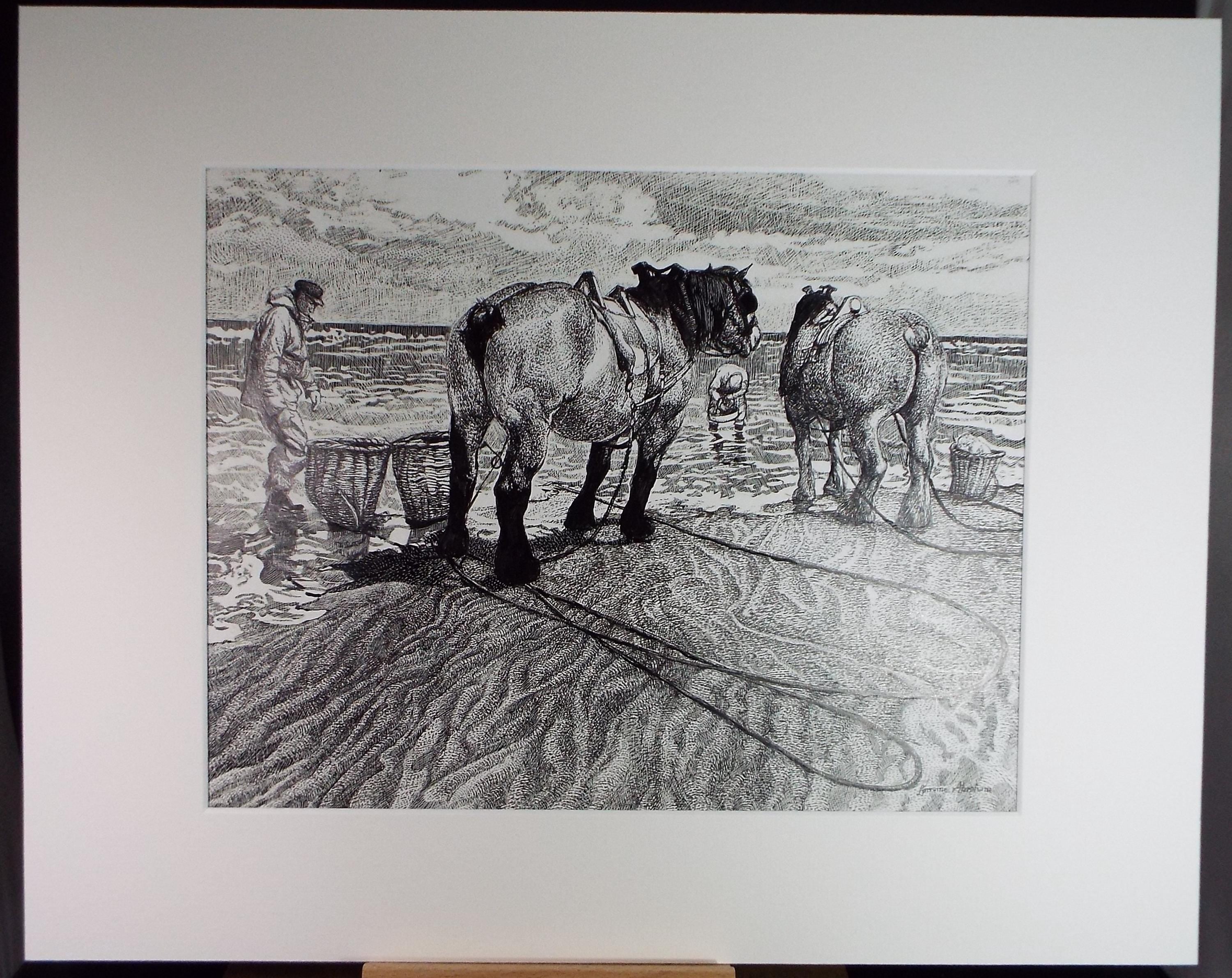 Original Scraperboard & Ink drawing, 'Cockle Pickers', Lorraine Abraham RSMA (1941-2023), Circa 2000