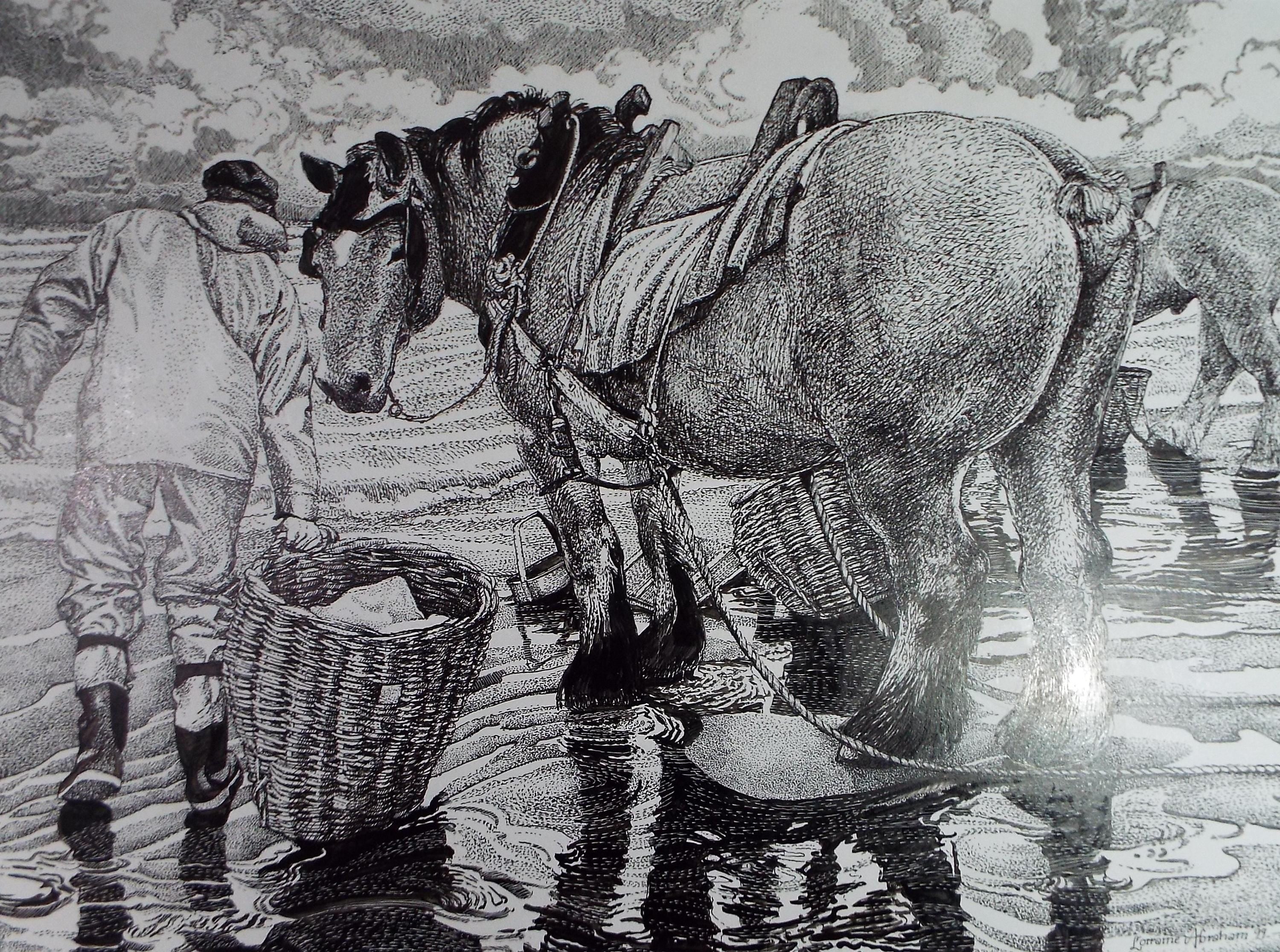 Original Scraperboard & Ink drawing, 'Cockle Pickers', Lorraine Abraham RSMA (1941-2023), Circa 2000