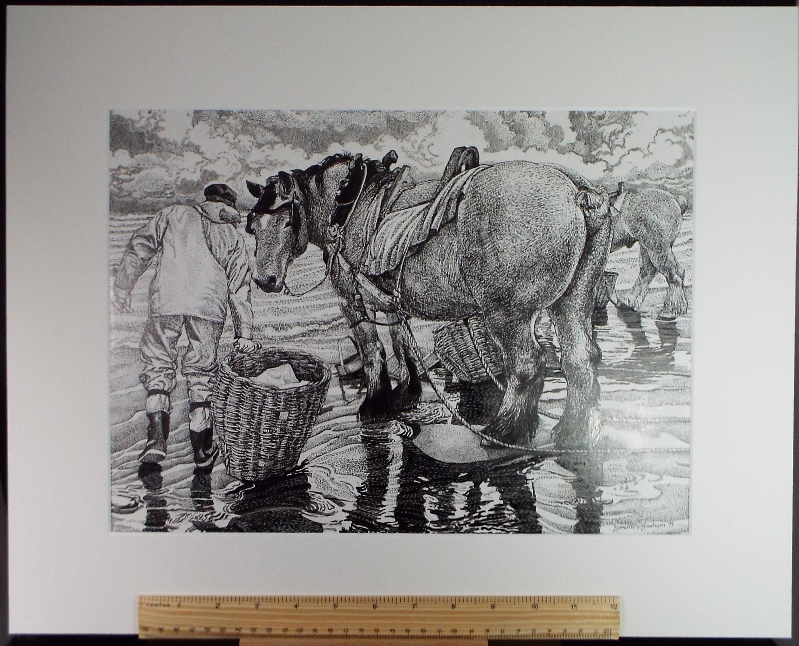 Original Scraperboard & Ink drawing, 'Cockle Pickers', Lorraine Abraham RSMA (1941-2023), Circa 2000