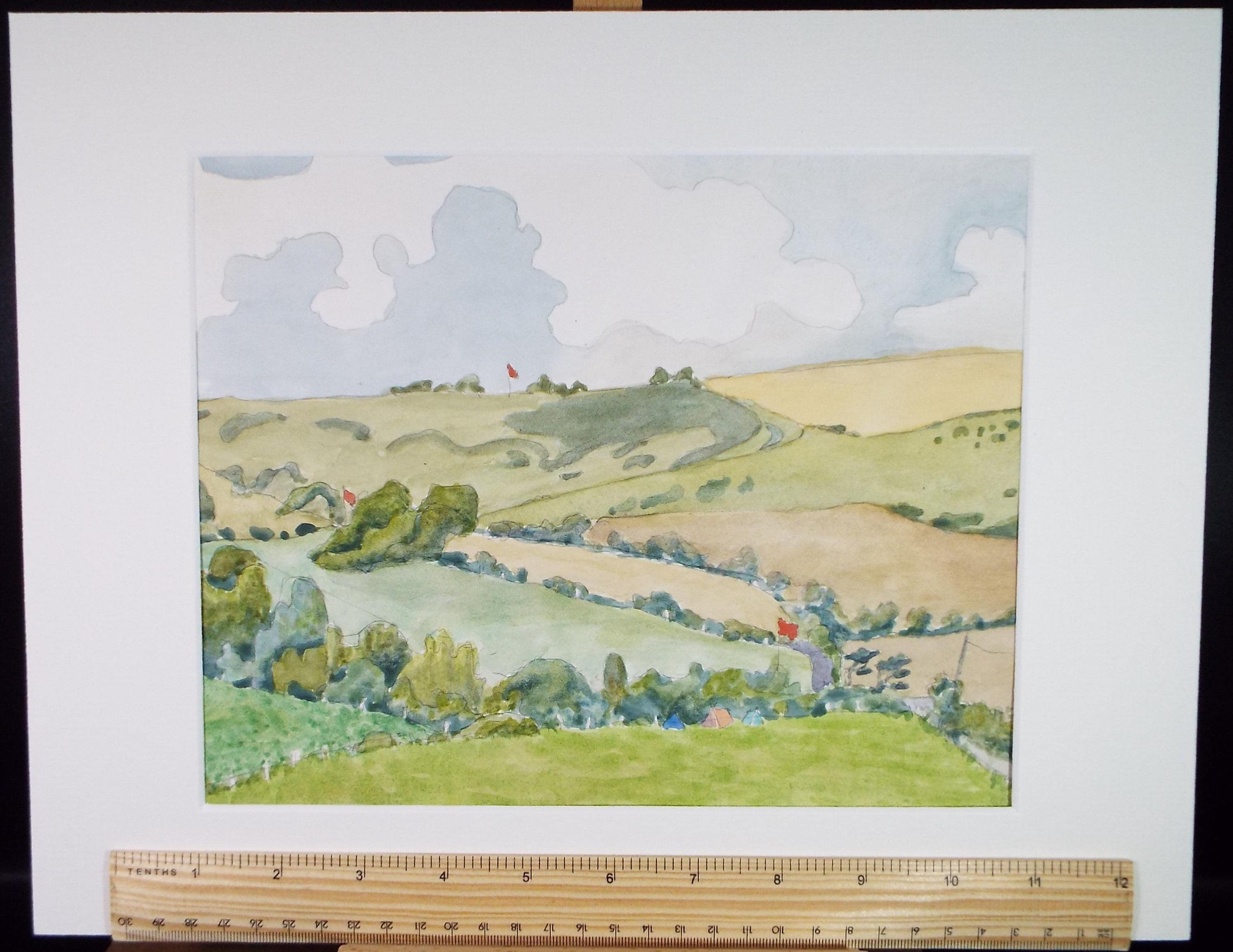 Original Watercolour, 'Green Landscape with Flags', Unknown artist, circa 1980's