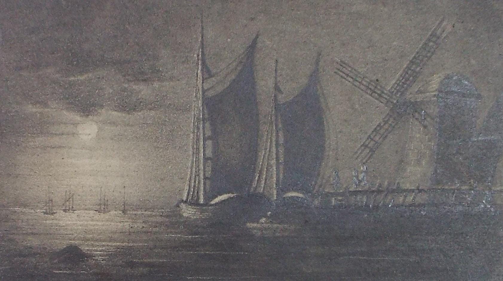 Original Pencil Sketch: 'Sailing Barges in Moonlight, Late 19th Century