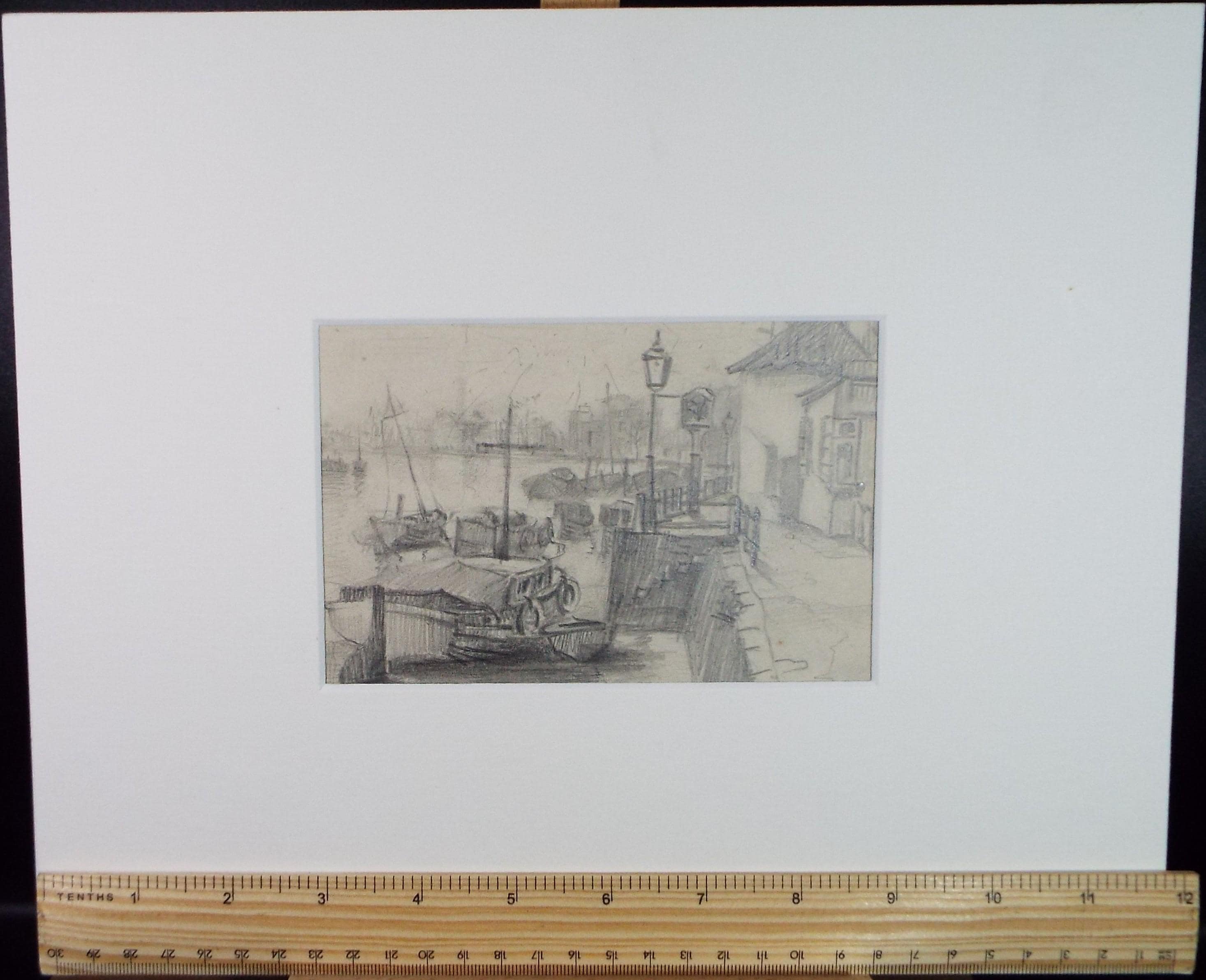 Original Pencil drawing, 'Quayside with Boats', Circa 1950's