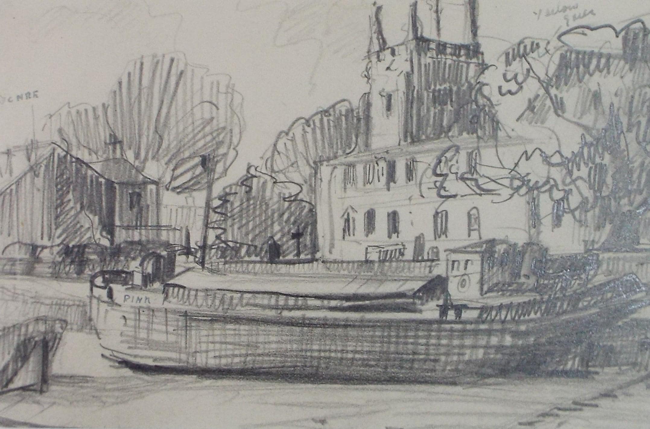 Original Pencil drawing, 'Barges at low tide', Circa 1950's