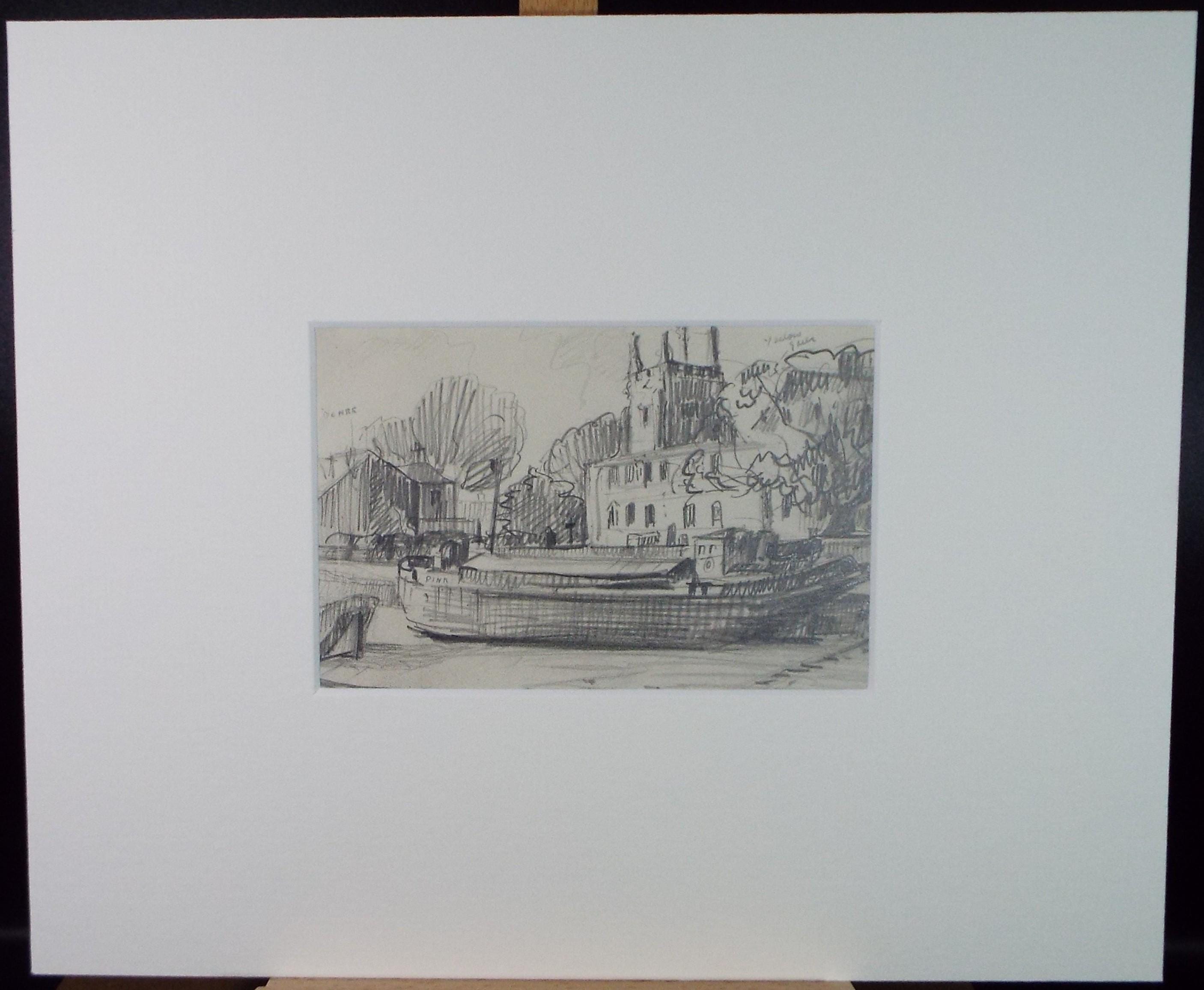 Original Pencil drawing, 'Barges at low tide', Circa 1950's