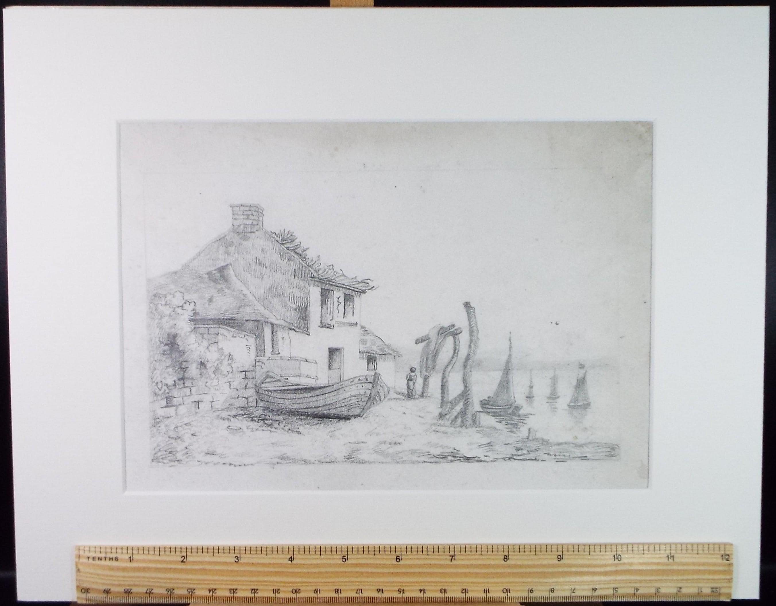 Original Pencil Drawing, 'Coastal Cottage with figure and boats', late 19th Century, Artist Unknown