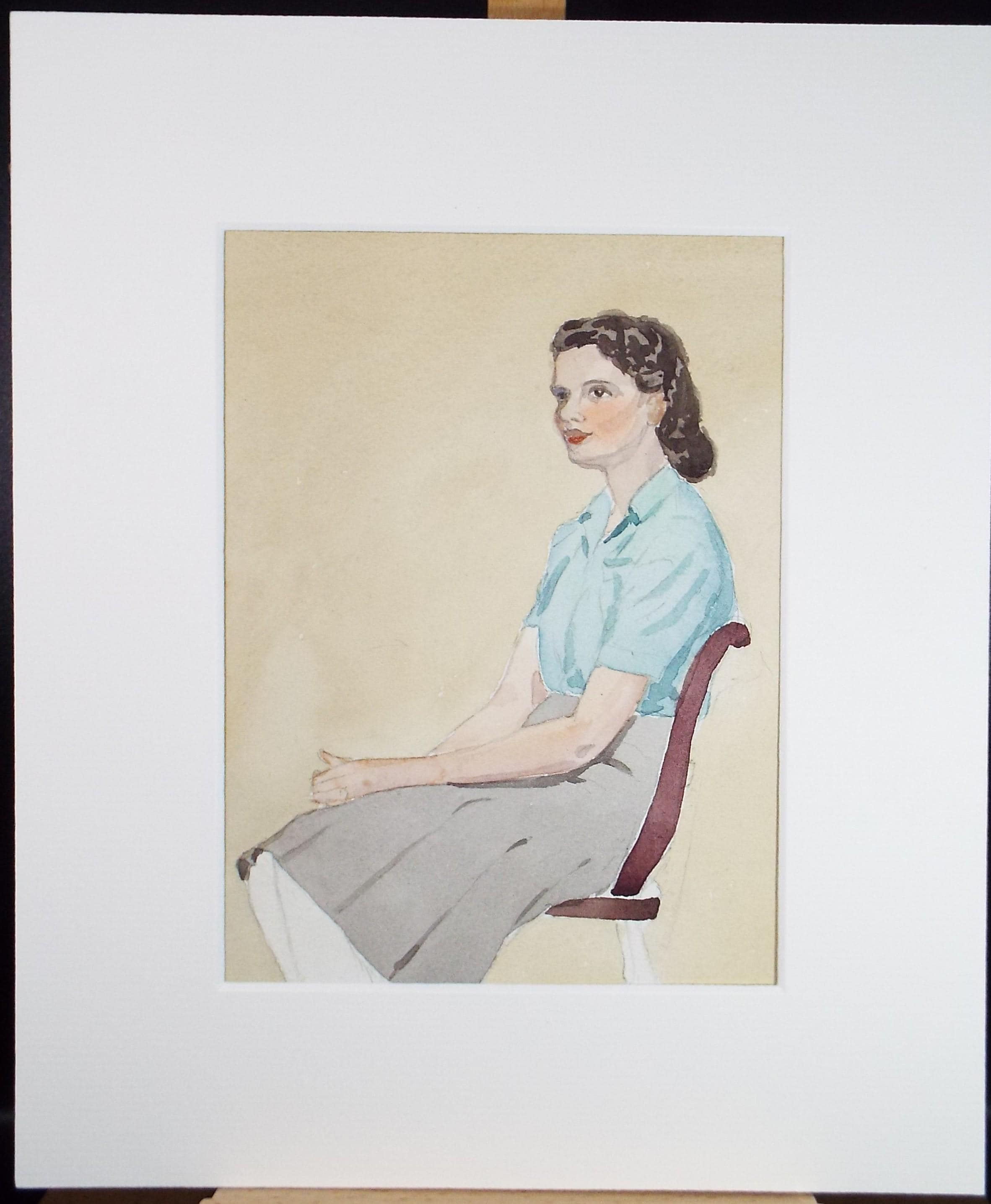 Original Watercolour, 'Portrait of a Seated Woman', 1940s, Richard A. Siddal