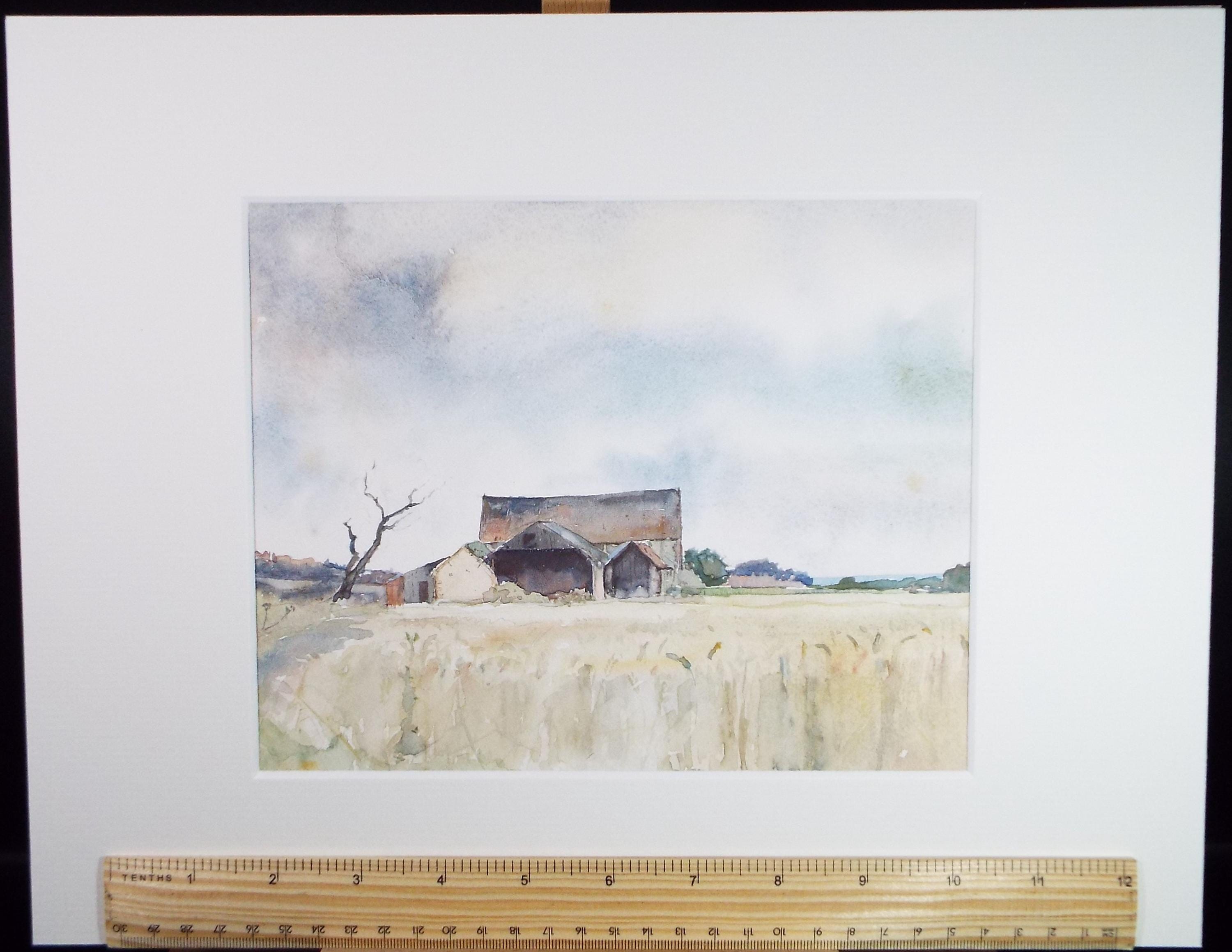 Original Watercolour, 'Barn in a Corn Field', Circa 1970's , Geoffrey Burrows (1934-2023)