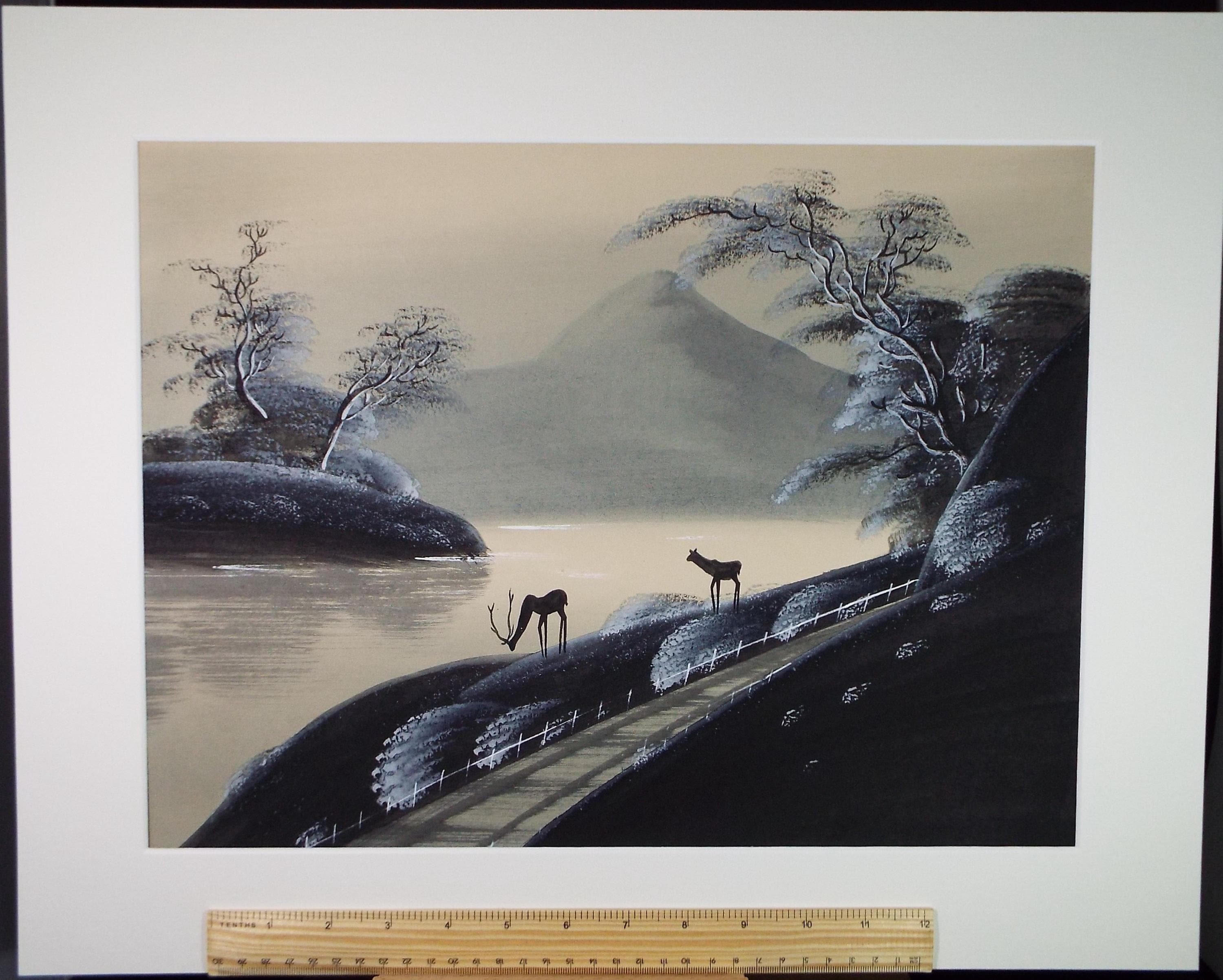 Original Gouache, 'Two deer on a lake edge', Circa 1930's, Artist Unknown