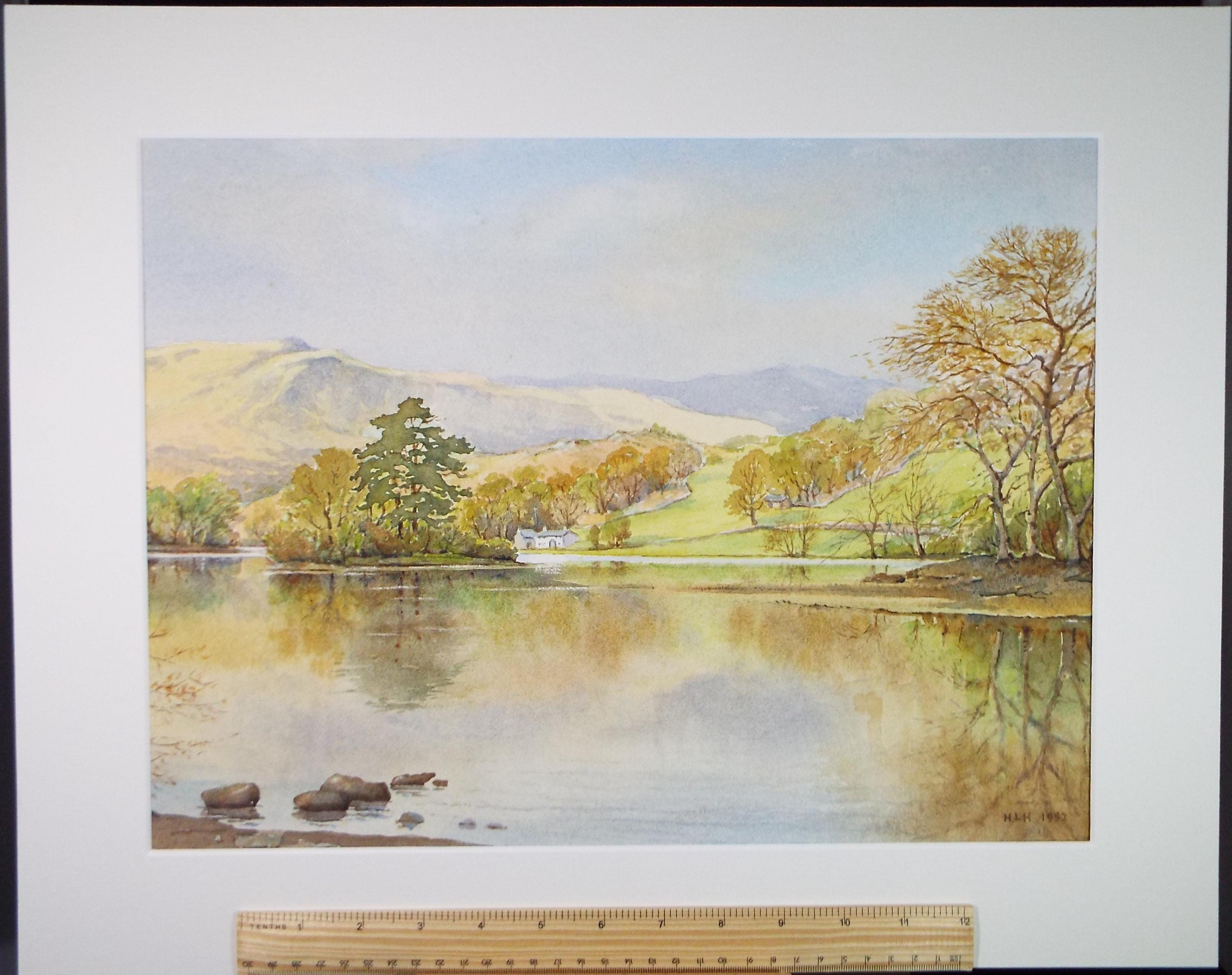 Original Watercolour, 'Farmhouse on a lake', Initialled HLH, Dated 1992