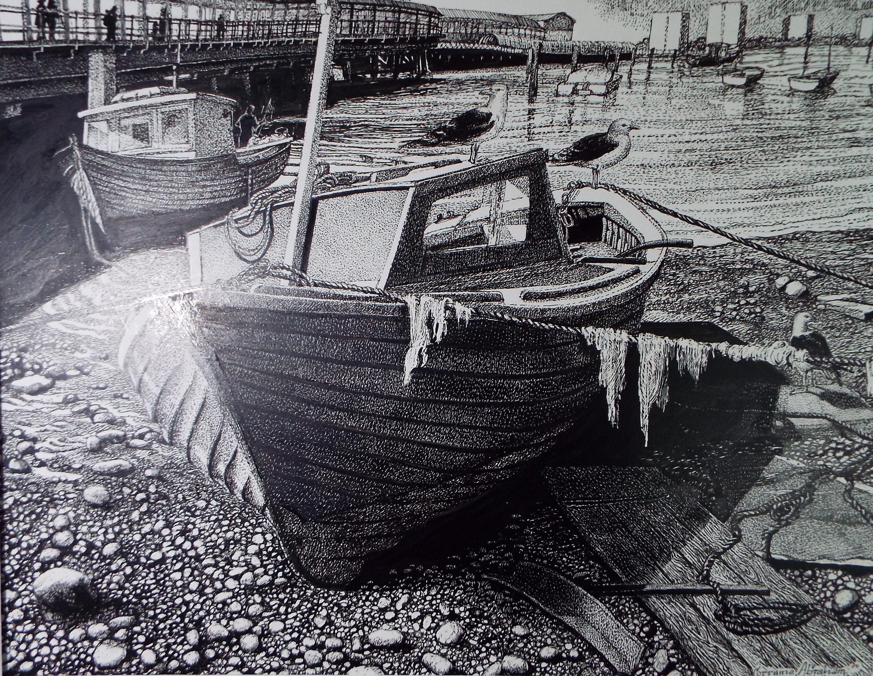 Original Scraperboard & Ink drawing, 'Fishing Boats on the Shore', Lorraine Abraham RSMA (1941-2023), Dated 2000