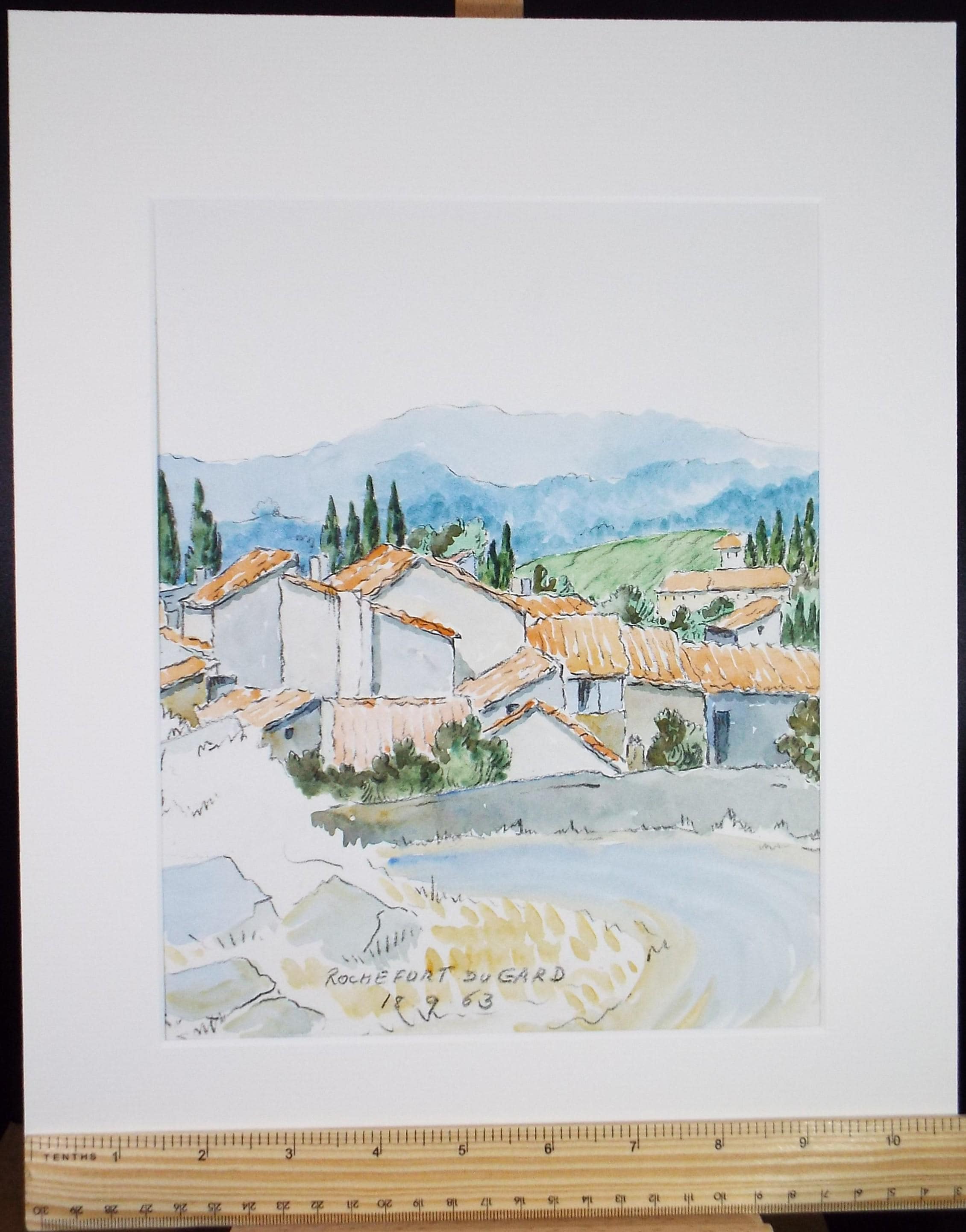 Original Watercolour & Pencil, 'Rochefort du Gard', Cicely Glyn de Beers (1891-1973), Dated 1963