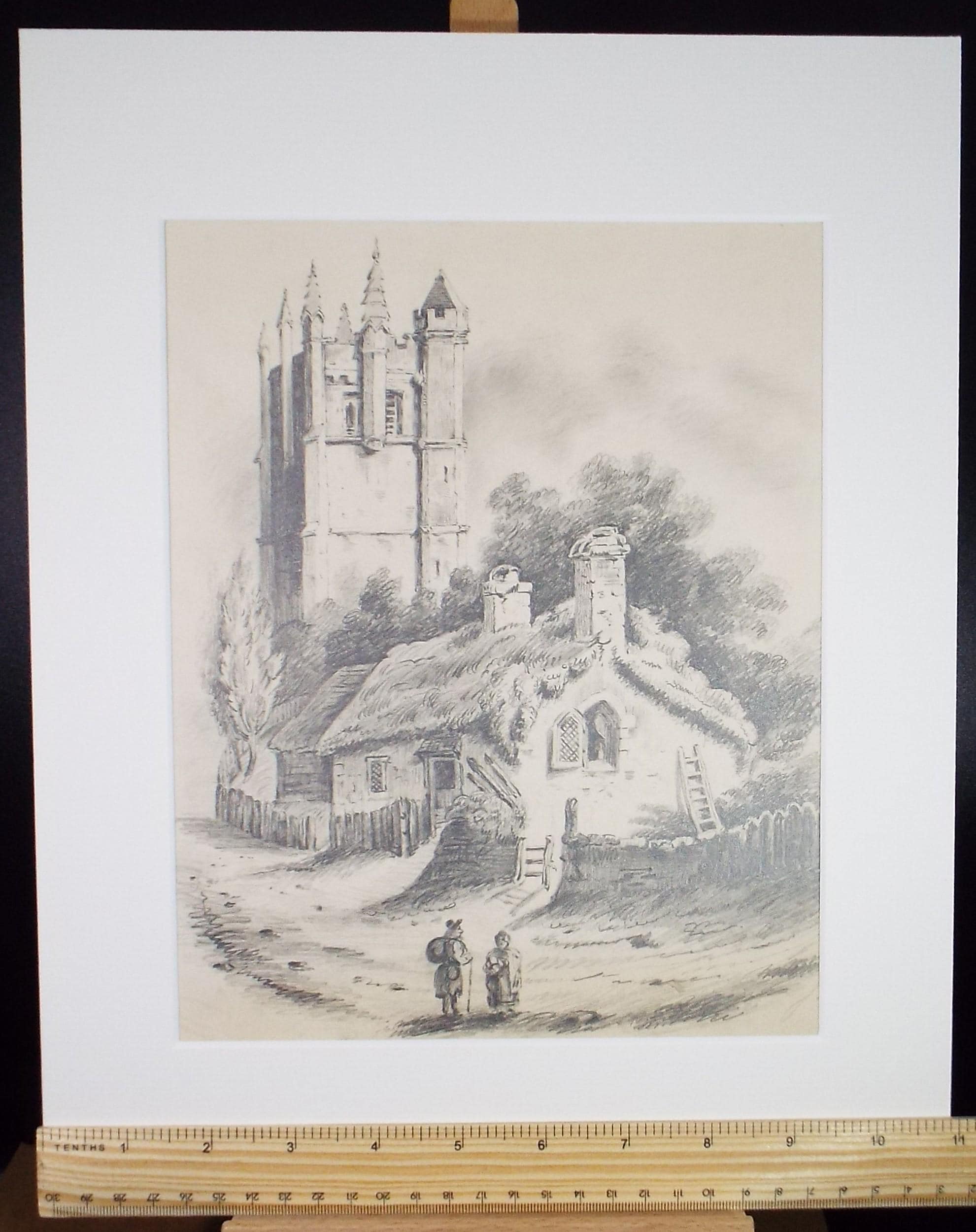 Original Pencil Drawing, 'Figures before a Cottage and Church', Late 19th Century, Unknown artist.