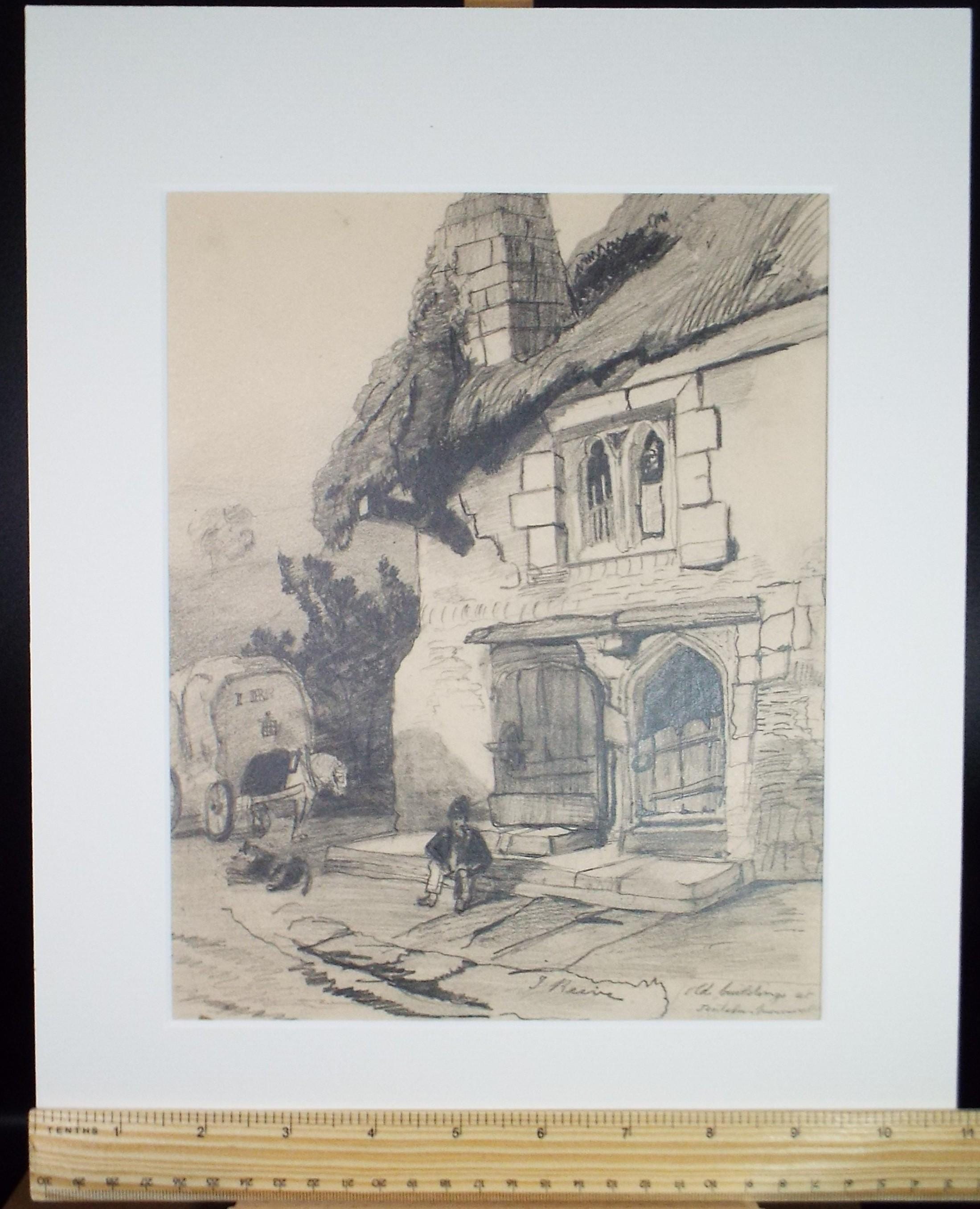 Original Pencil Drawing, 'Figures before a Cottage', Late 19th Century, Unknown artist.