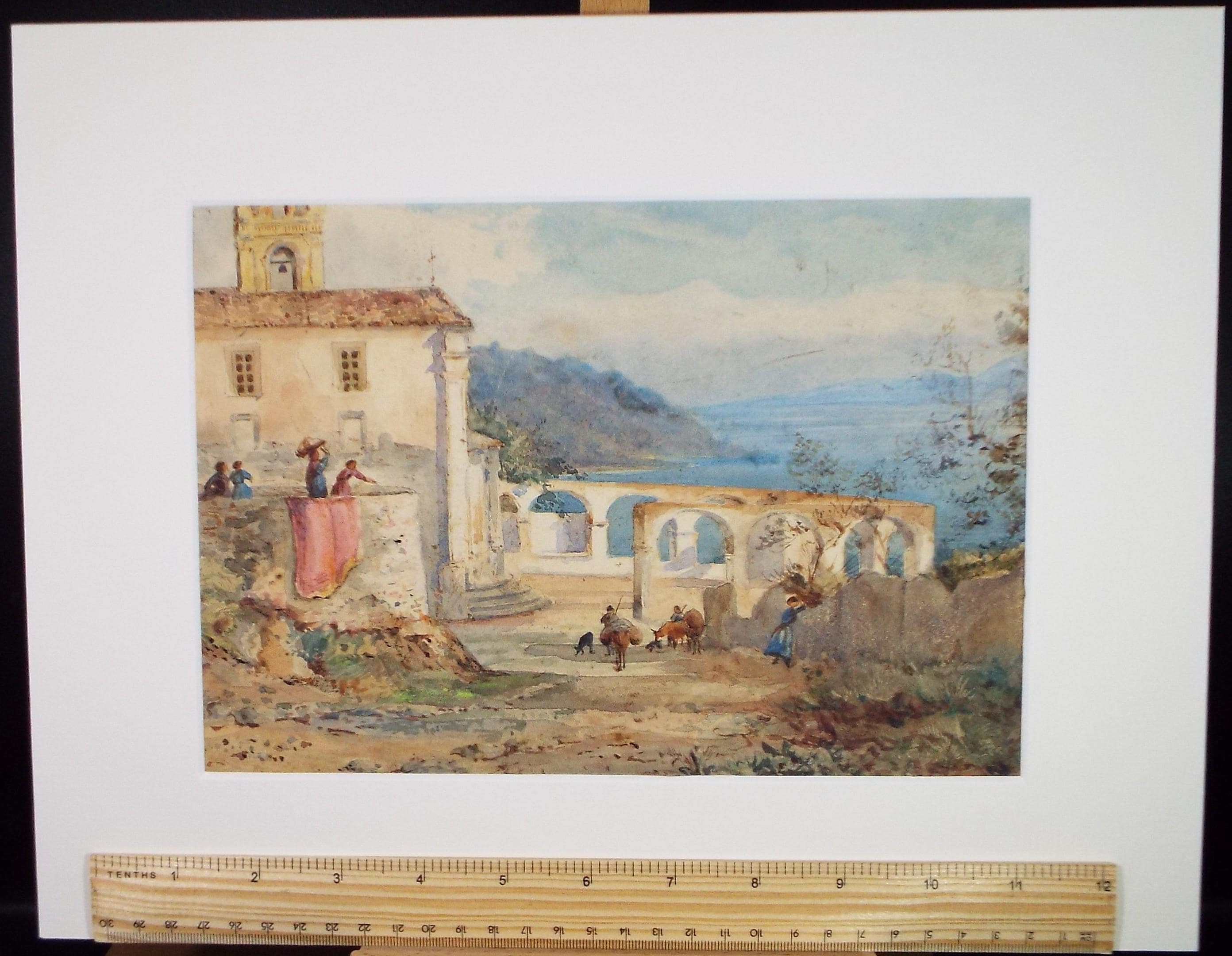 Original Watercolour, 'Coastal villa with figures', Late 19th Century, Unknown Artist