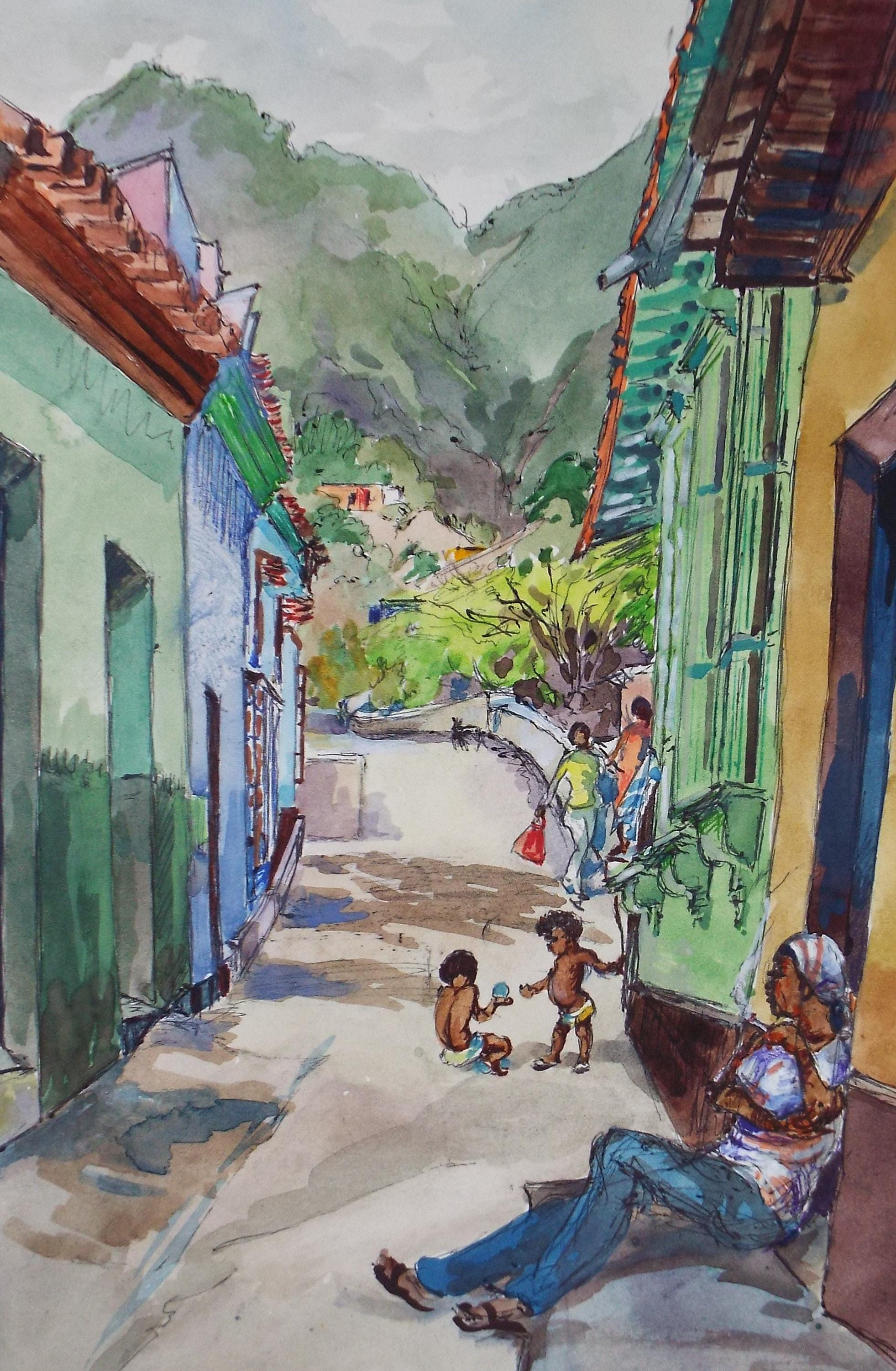 Original Watercolour, 'South American Street scene with figures', Circa 1950's, Ivy T. Attwell (1895-1985)
