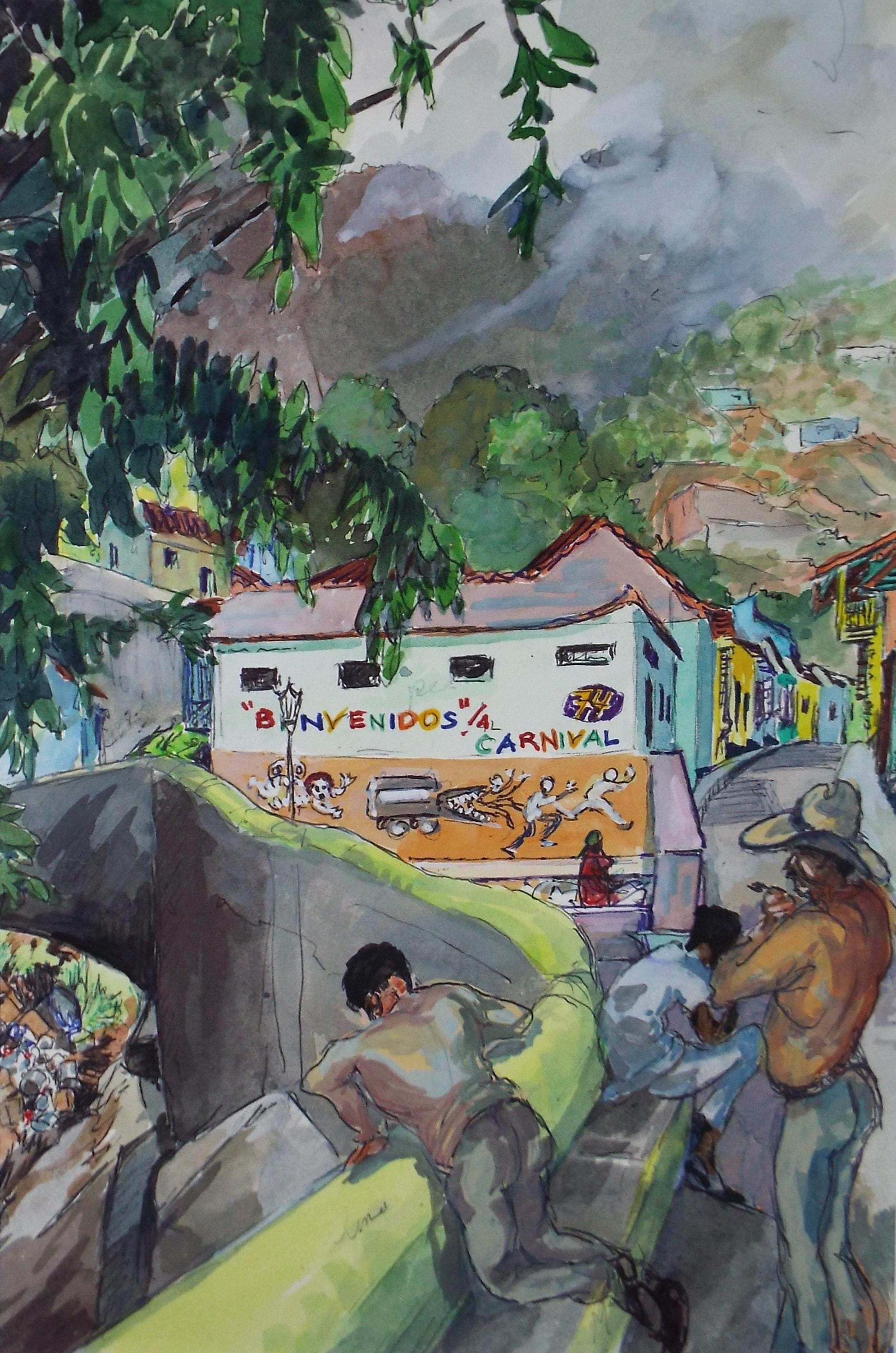 Original Watercolour, 'South American Street scene with figures', Circa 1950's, Ivy T. Attwell (1895-1985)