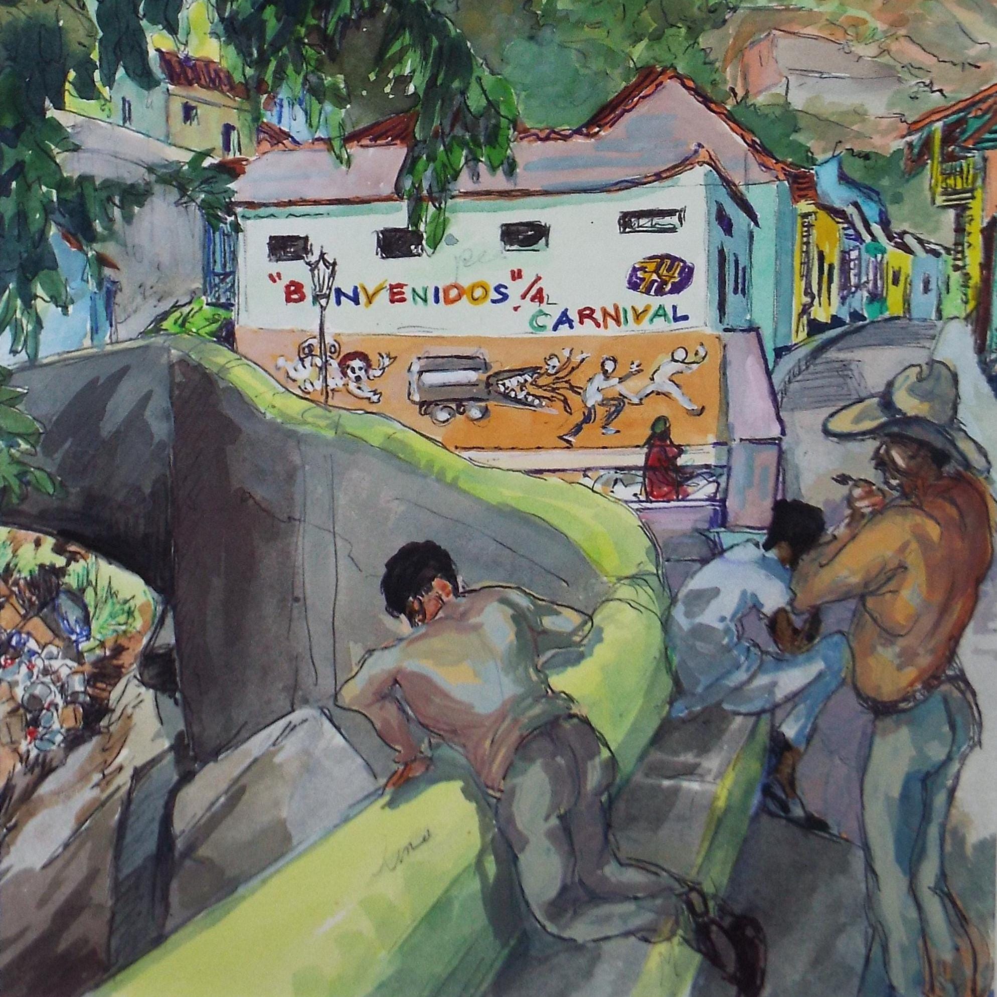 Original Watercolour, 'South American Street scene with figures', Circa 1950's, Ivy T. Attwell (1895-1985)