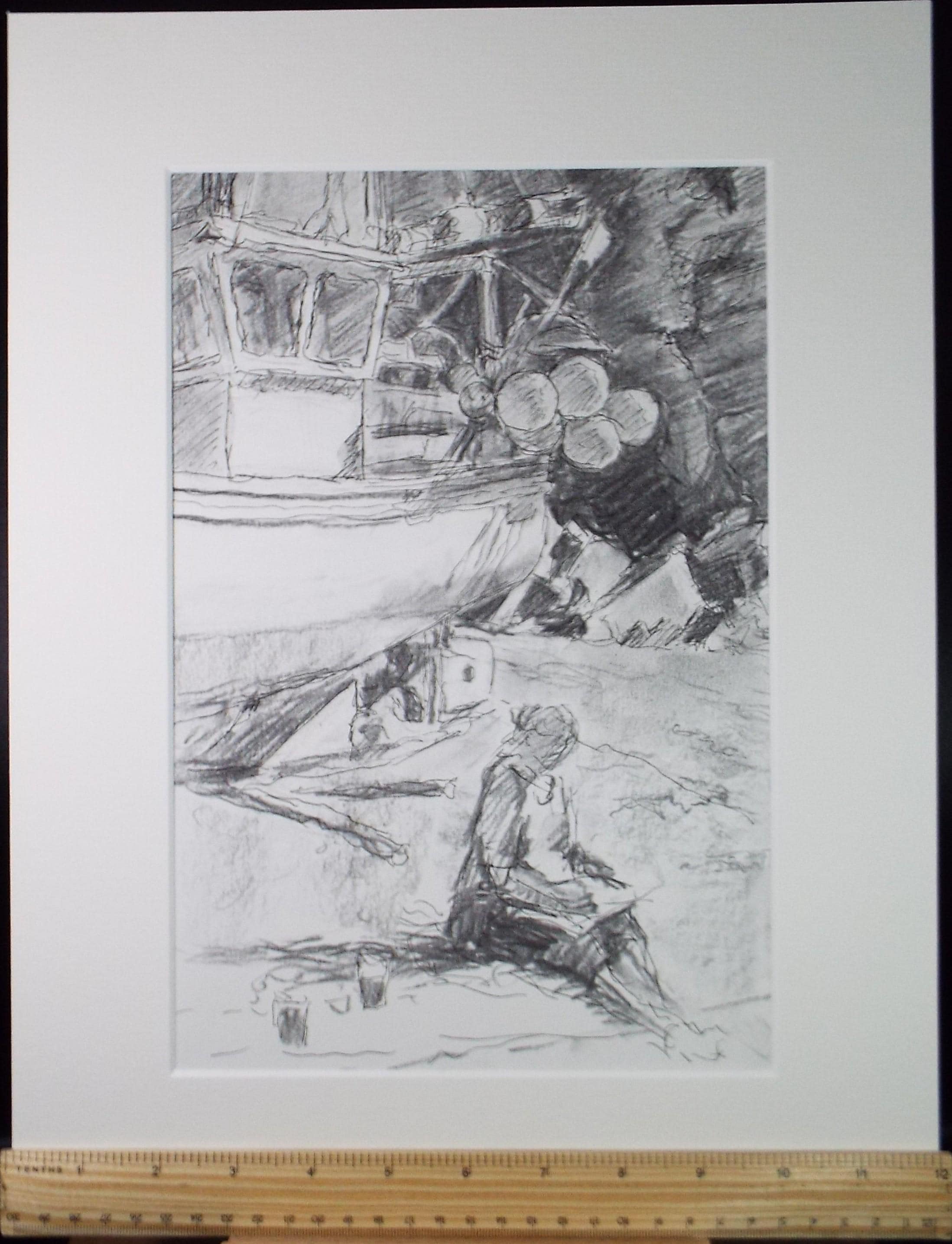 Pencil & ink drawing, 'woman with fishing boat' Drawing by Pauline Plummer, 1990s