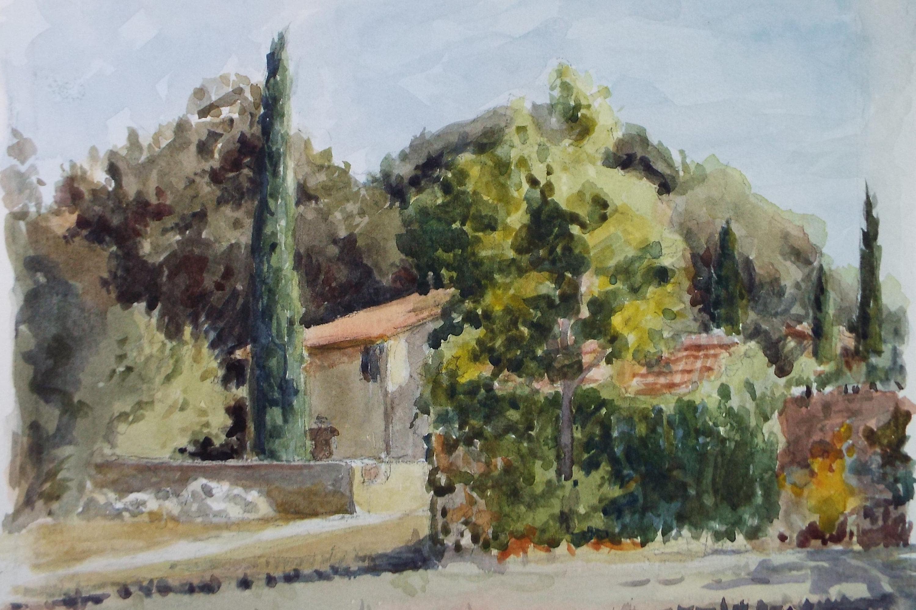 Original Watercolour on Paper, 'Tuscan Villa', circa 1990's, Pauline Plummer