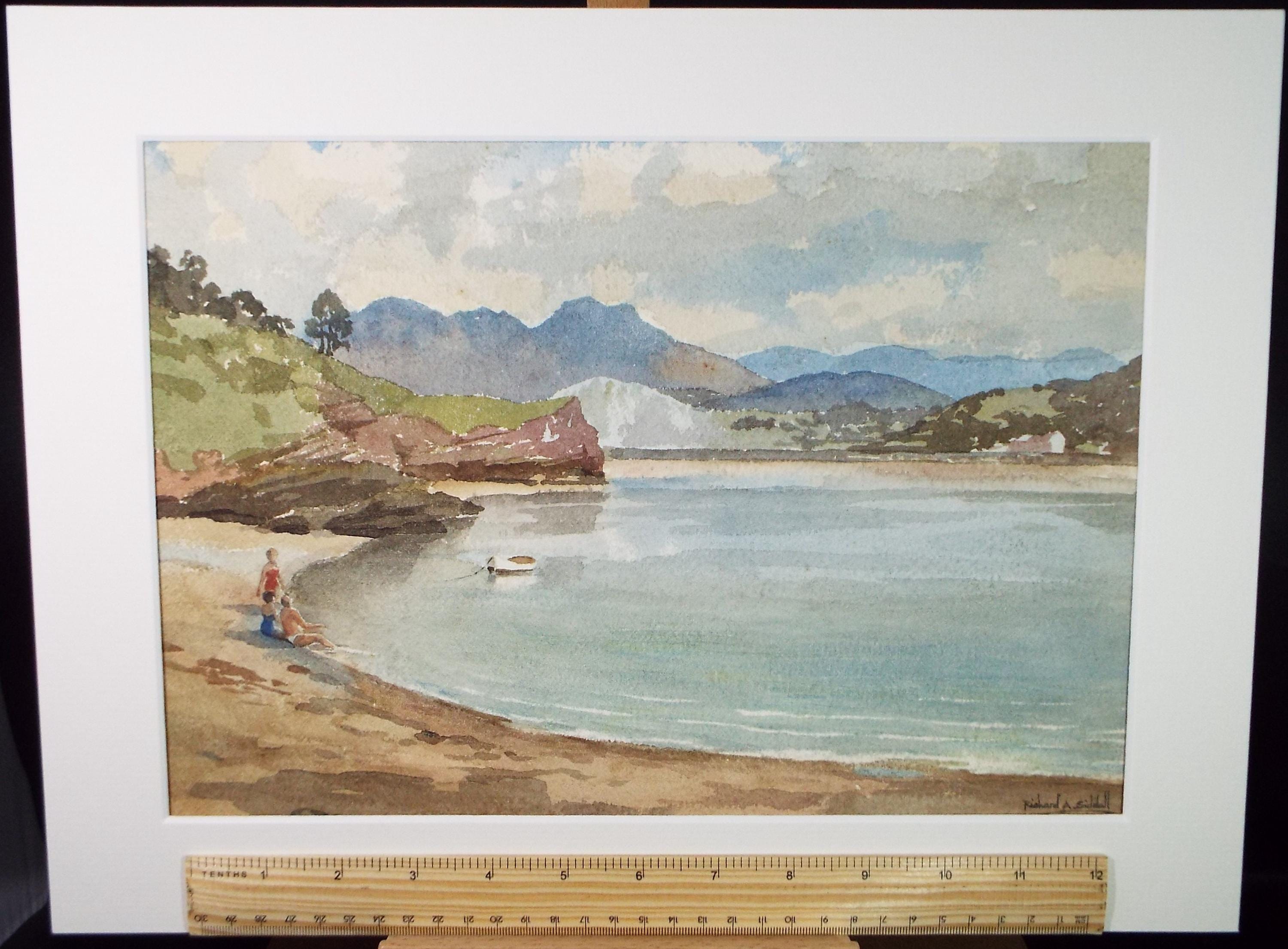 Original Watercolour, 'Bay with figures', Richard A Siddal, circa 1950's