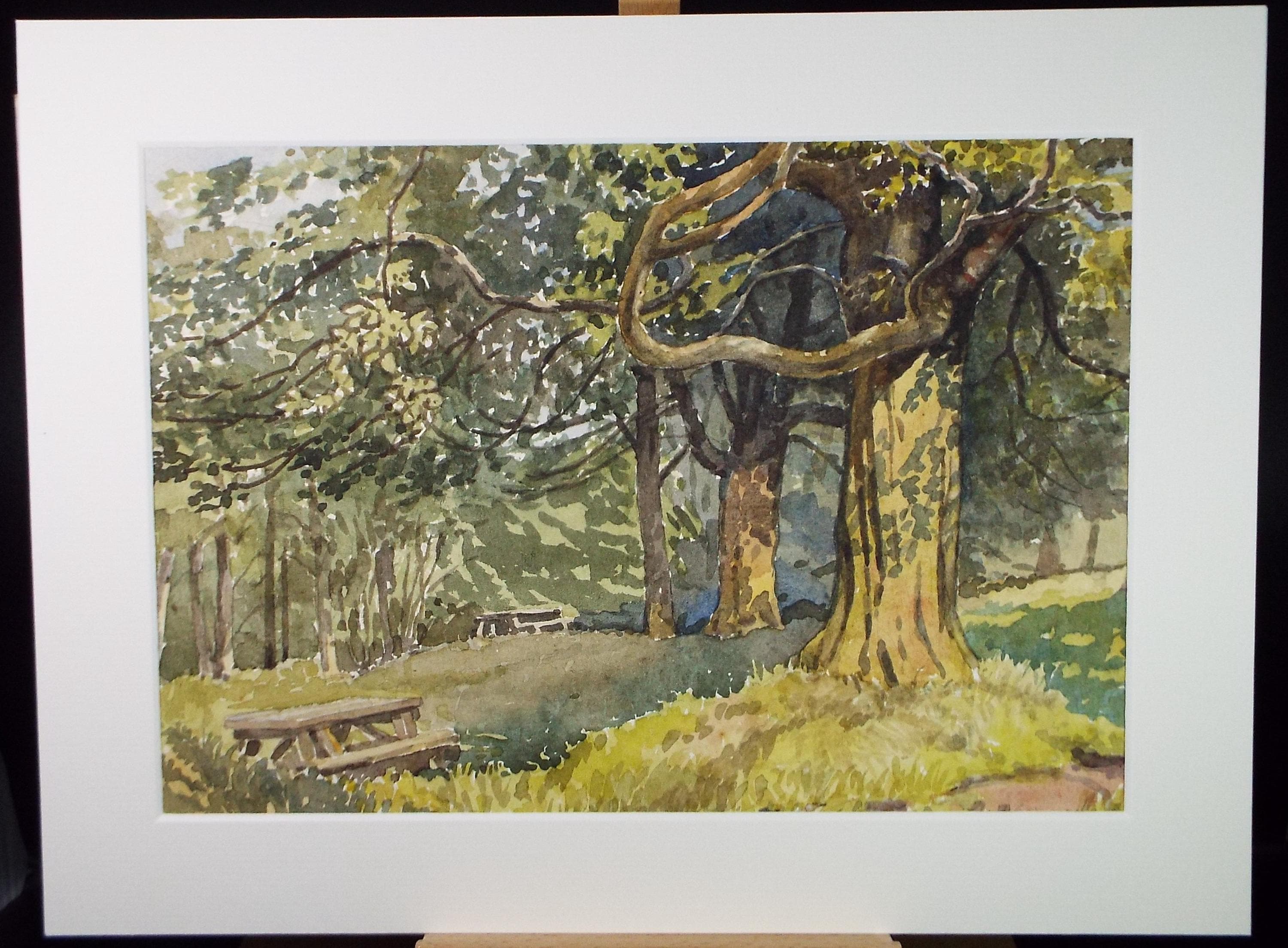 Original Watercolour, 'Woodland with picnic tables', Richard A Siddal, Circa 1950's