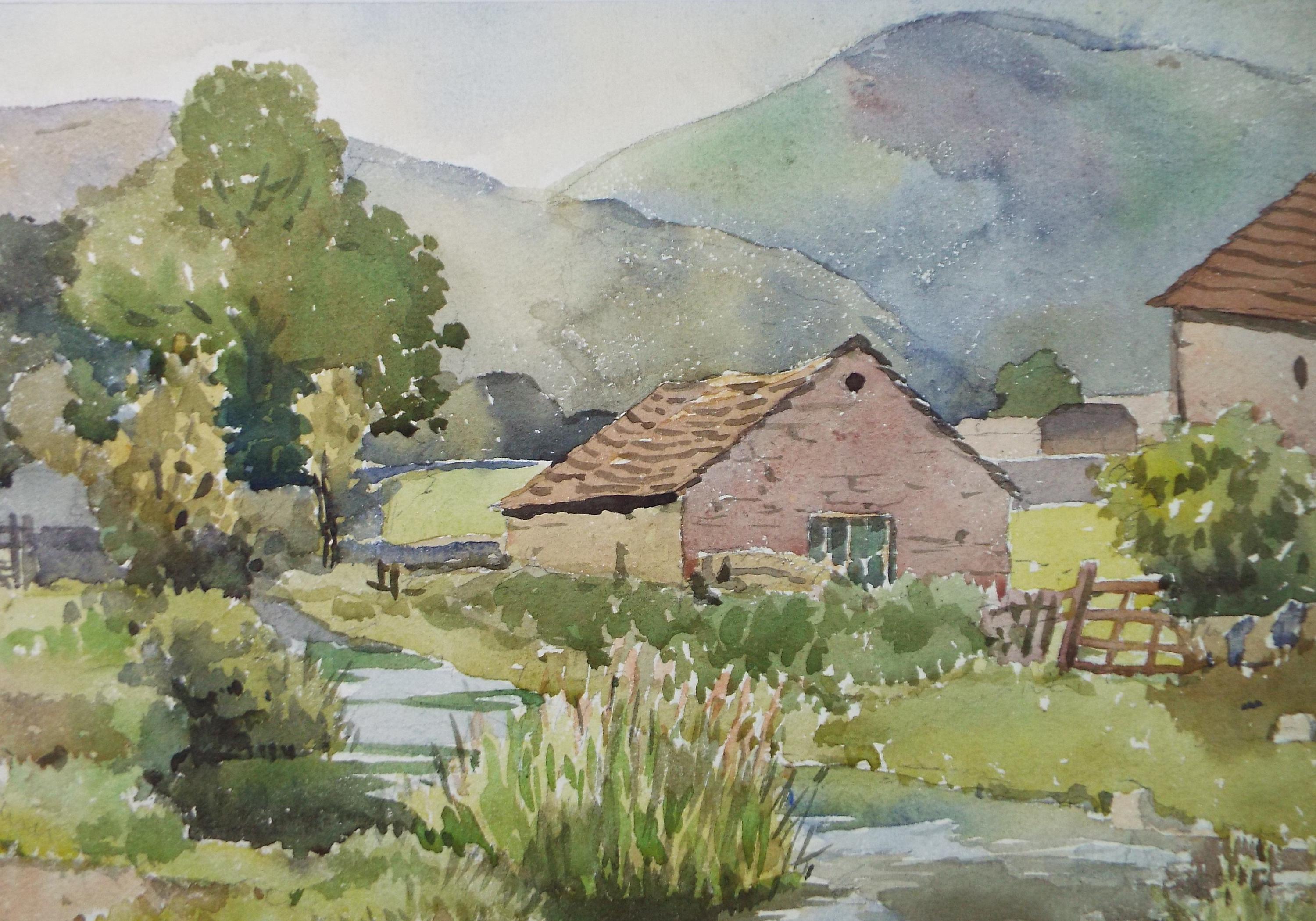 Original Watercolour, 'Farm Buildings on the River ', Richard A Siddal, Circa 1950's
