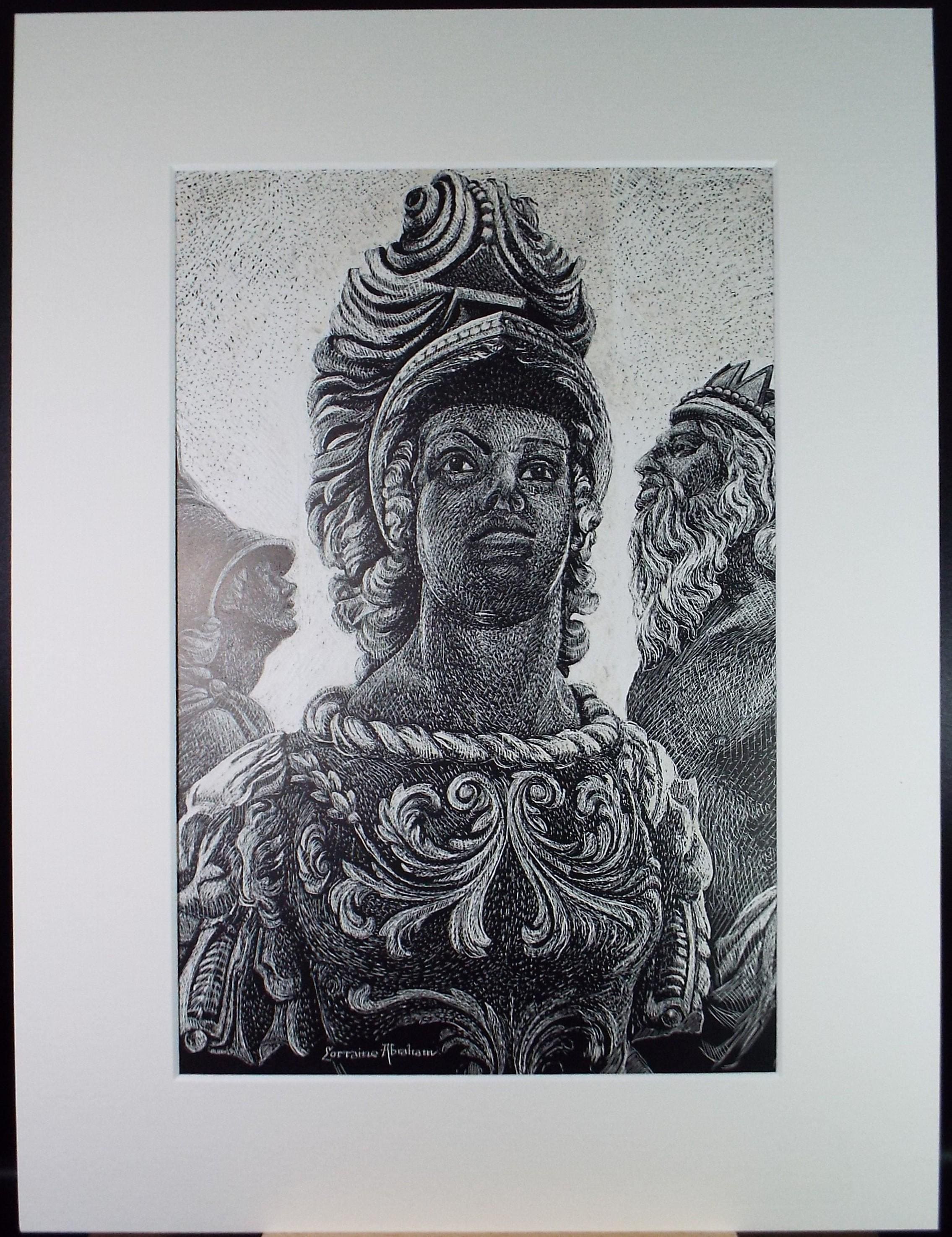 Original Scraperboard drawing, 'Classical warrior', Lorraine Abraham RSMA (1941-2023), Circa 1990's