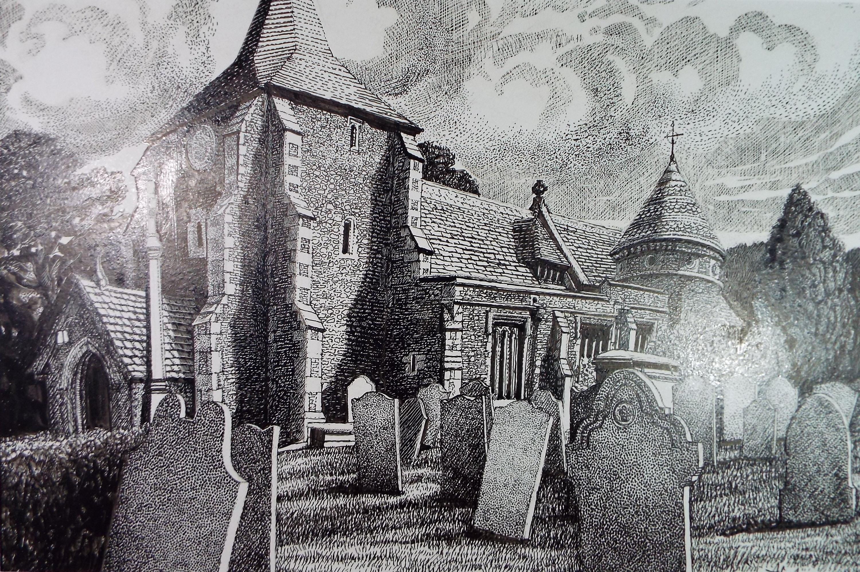 Original Scraperboard drawing, 'Church and Churchyard', Lorraine Abraham RSMA (1941-2023), Circa 1990's