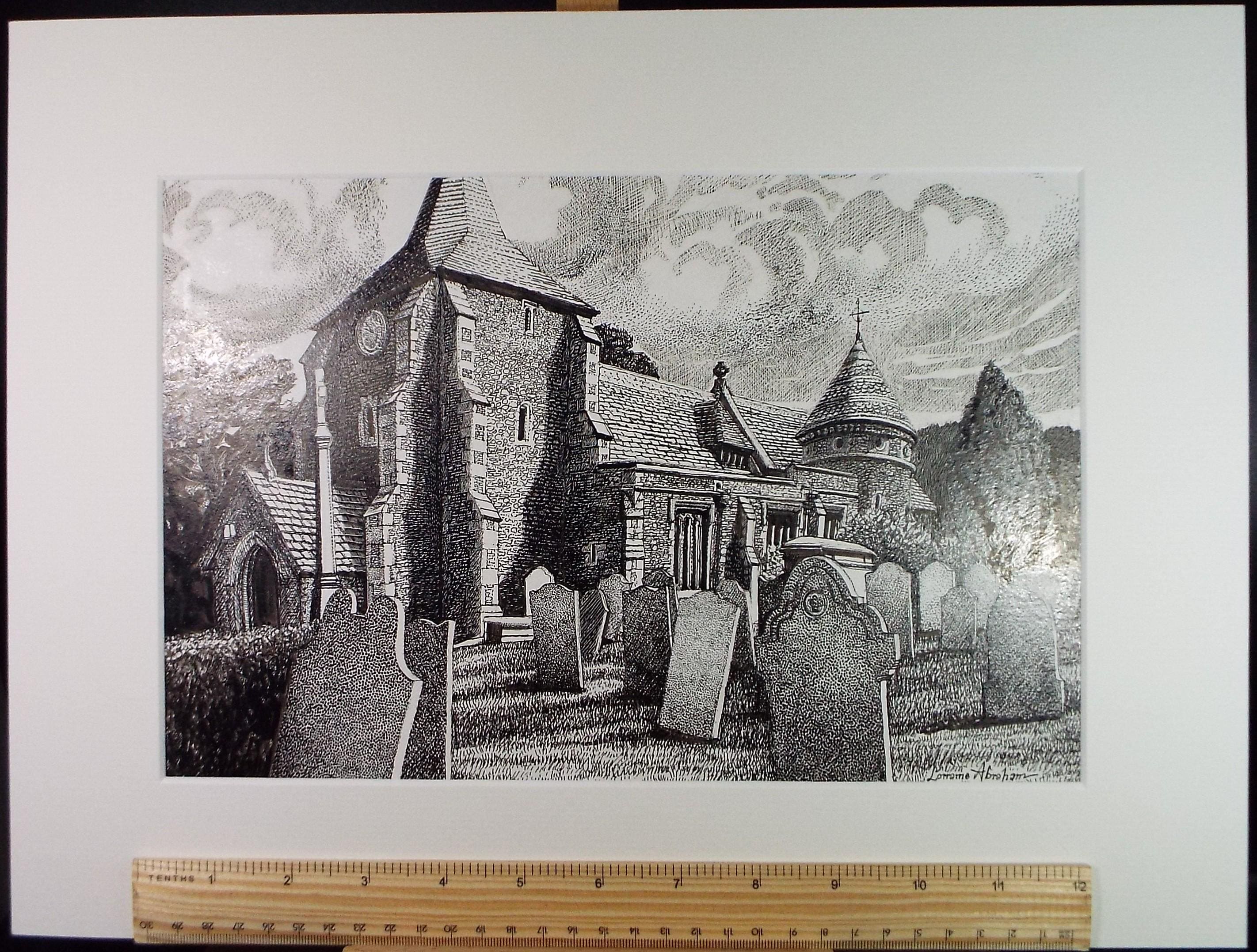 Original Scraperboard drawing, 'Church and Churchyard', Lorraine Abraham RSMA (1941-2023), Circa 1990's