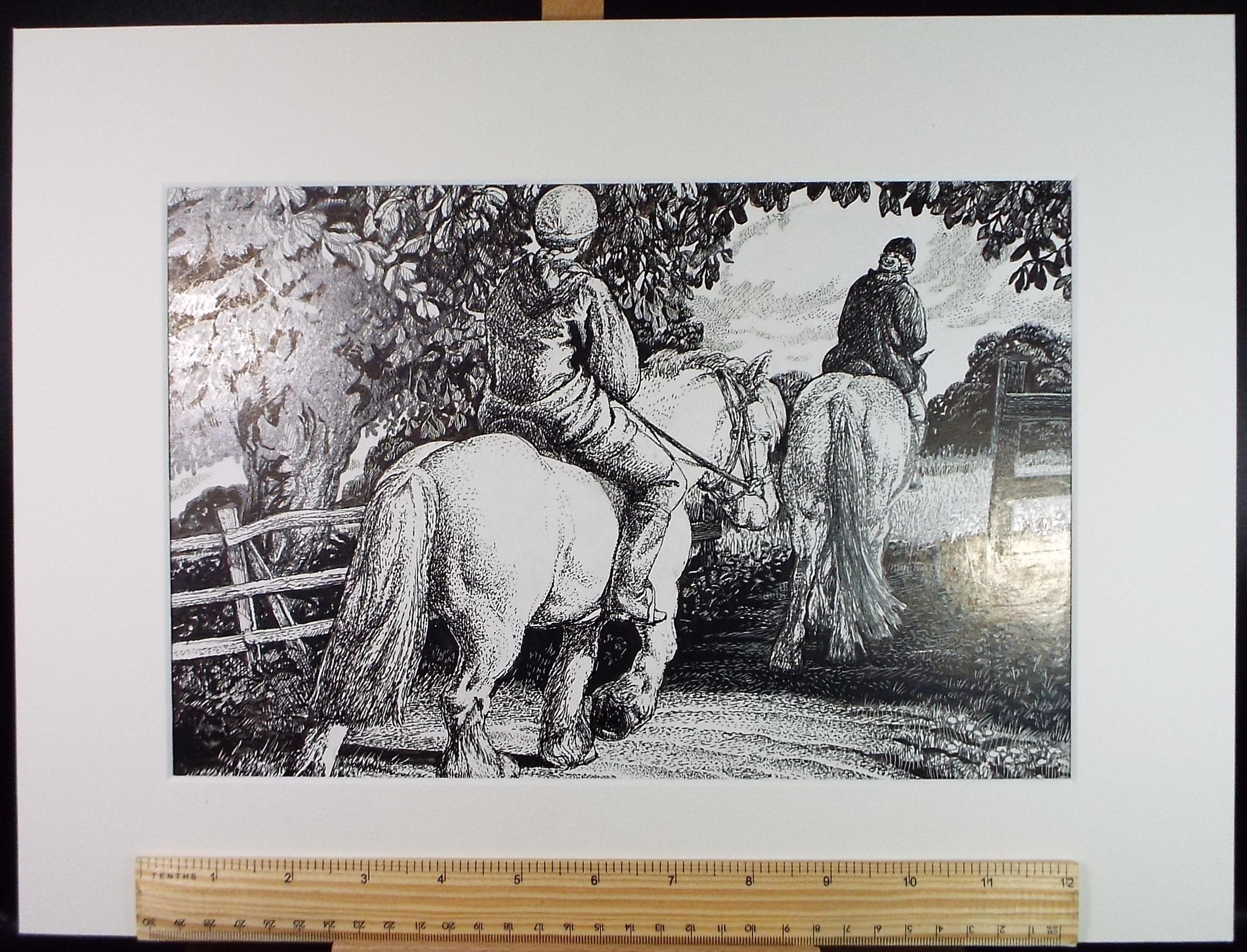 Original Scraperboard and ink drawing, 'Riding Out', Lorraine Abraham RSMA (1941-2023), Circa 1990's